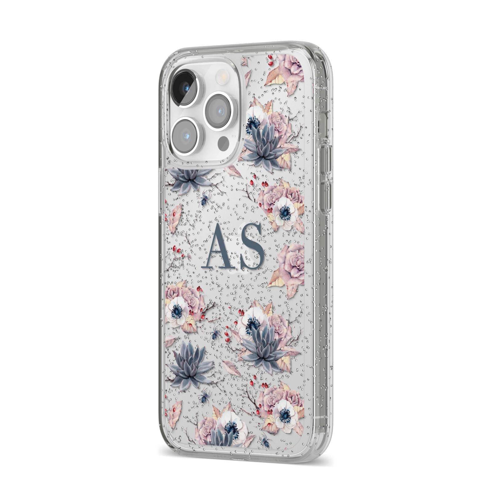 Personalised Halloween Floral iPhone 14 Pro Max Glitter Tough Case Silver Angled Image