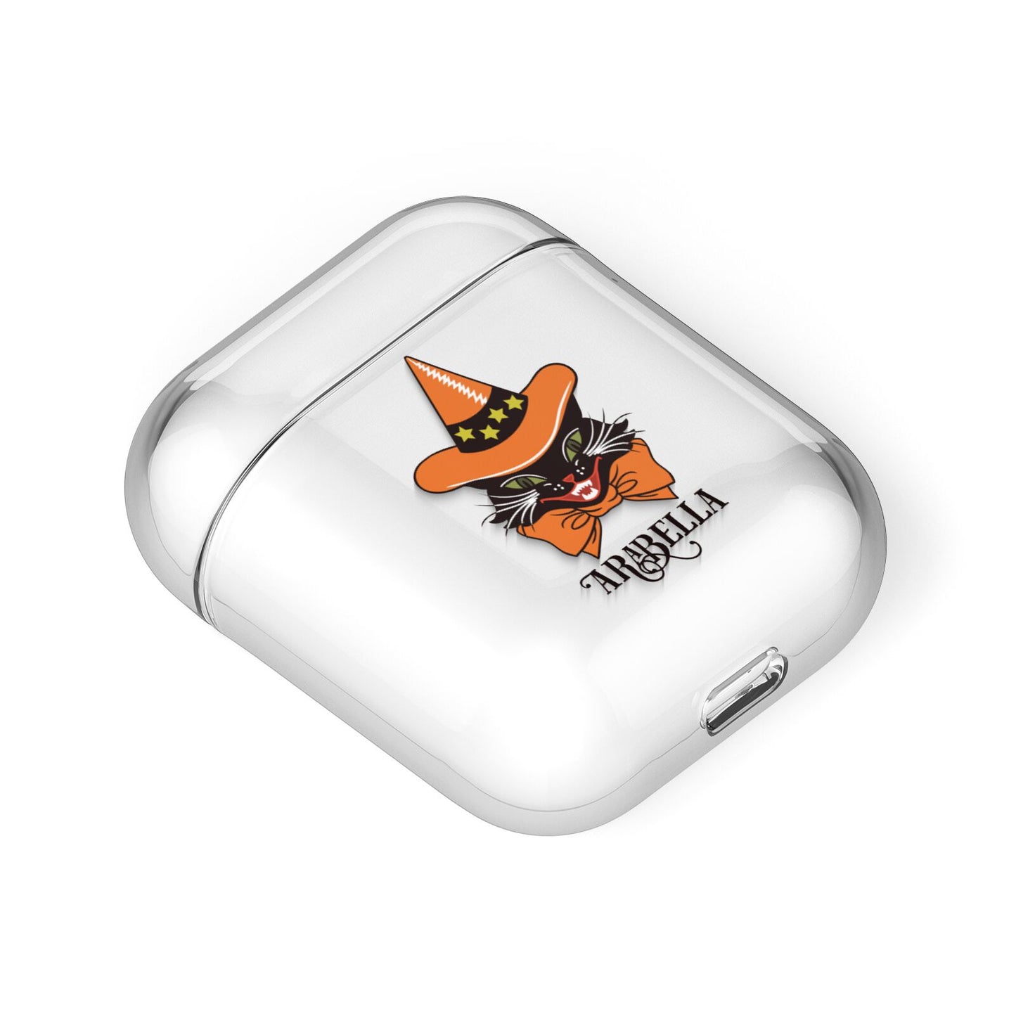 Personalised Halloween Hat Cat AirPods Case Laid Flat