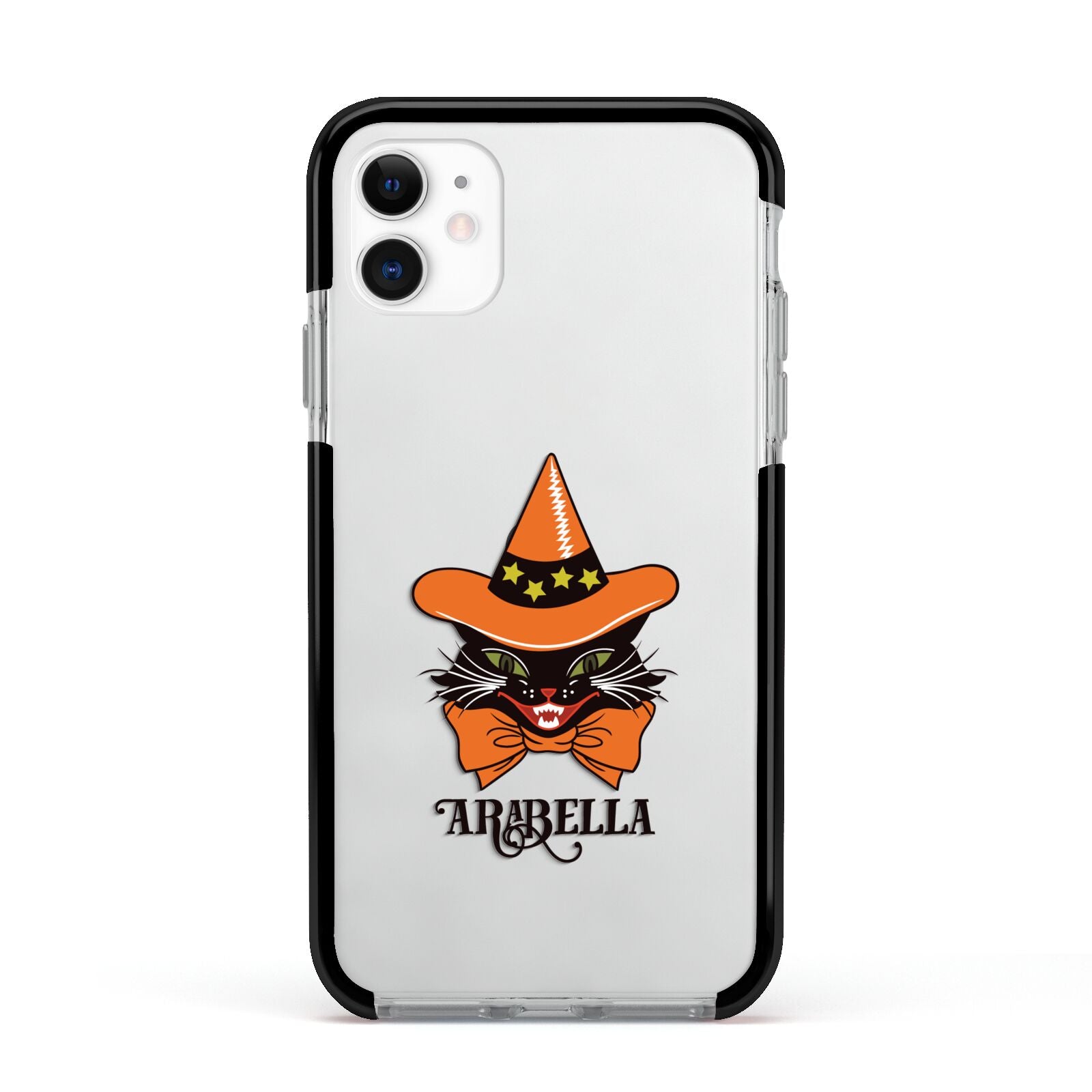 Personalised Halloween Hat Cat Apple iPhone 11 in White with Black Impact Case