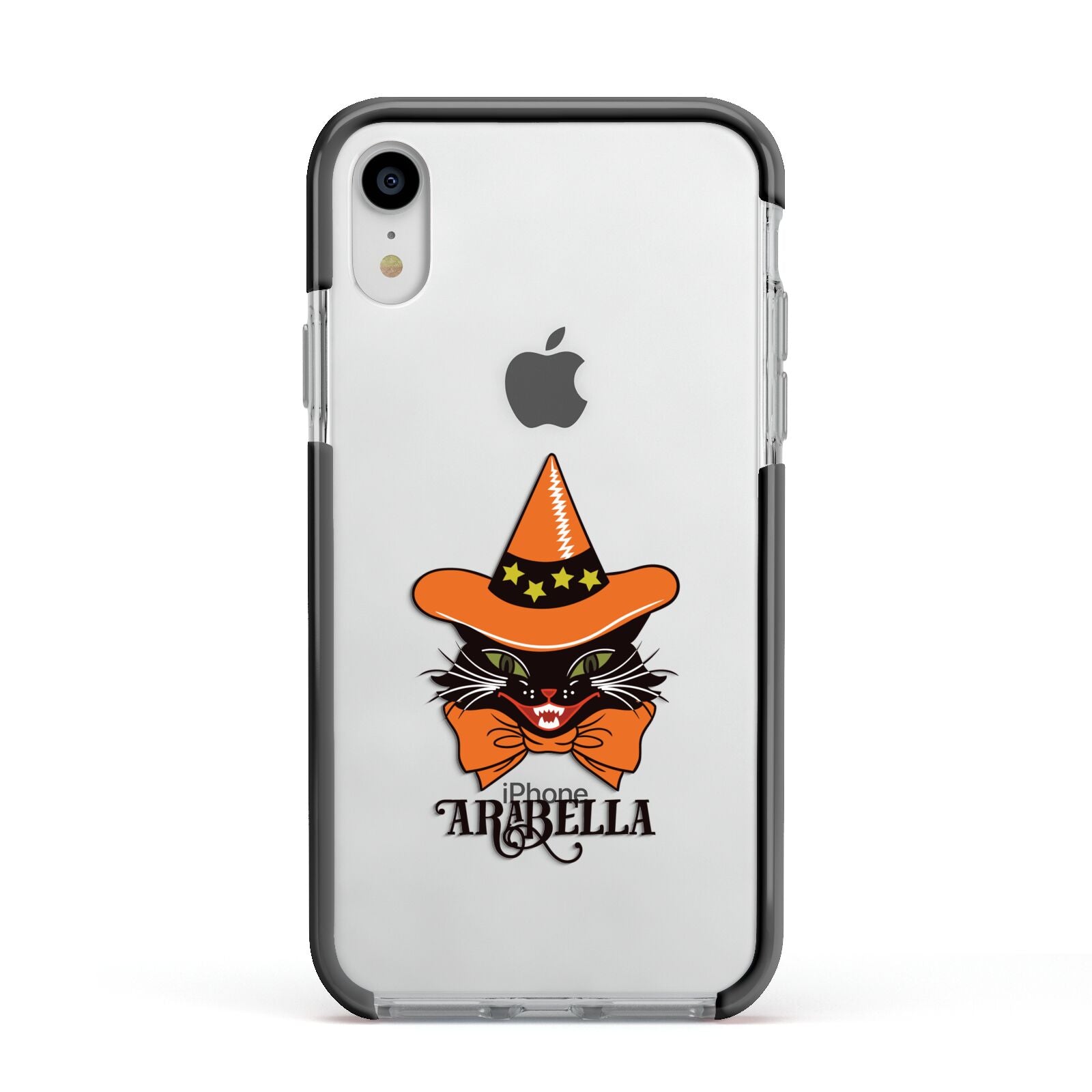 Personalised Halloween Hat Cat Apple iPhone XR Impact Case Black Edge on Silver Phone