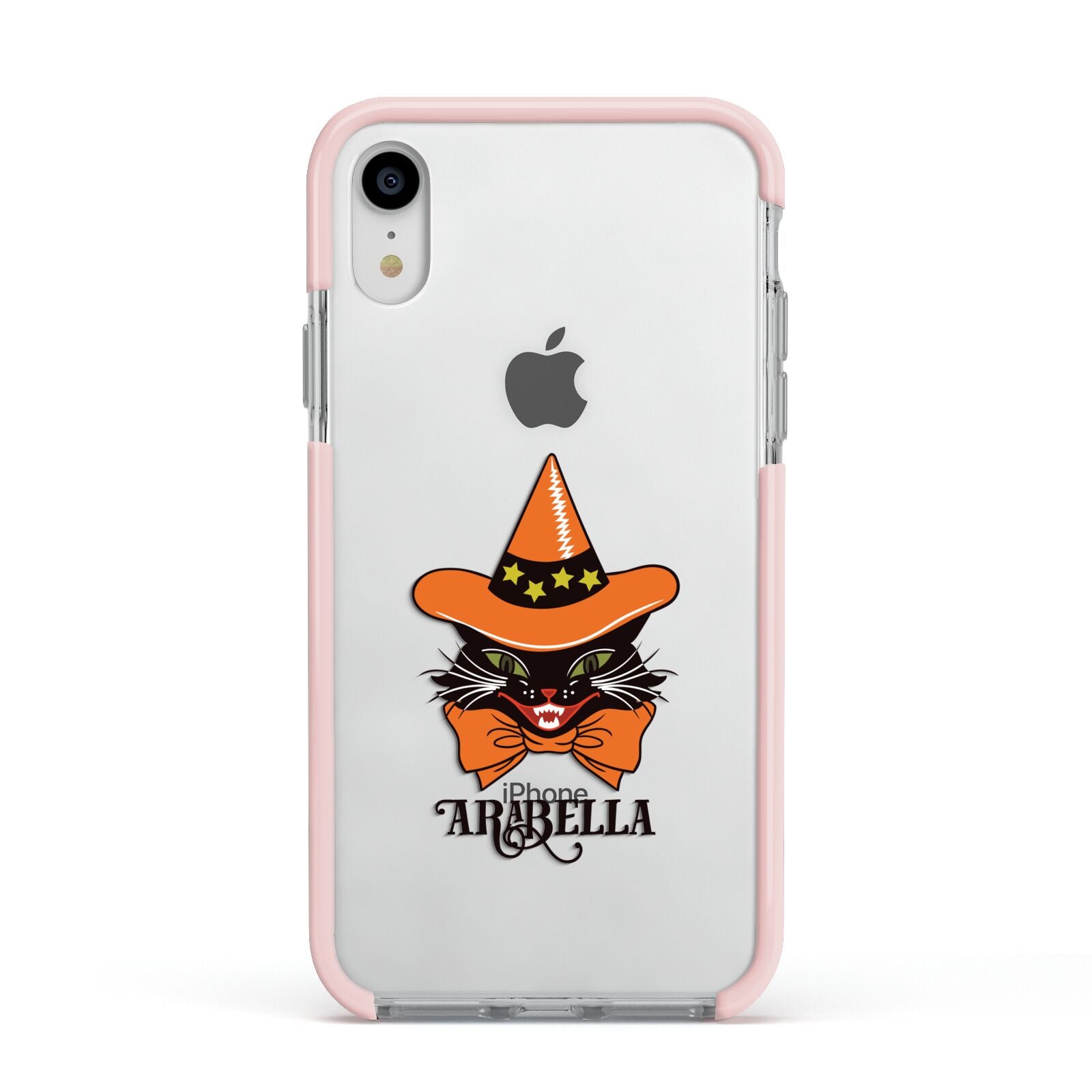 Personalised Halloween Hat Cat Apple iPhone XR Impact Case Pink Edge on Silver Phone