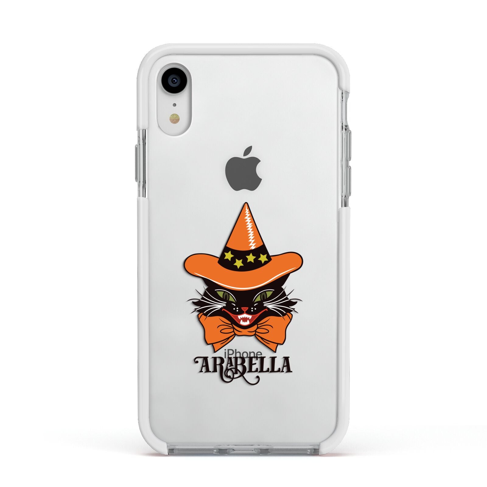Personalised Halloween Hat Cat Apple iPhone XR Impact Case White Edge on Silver Phone