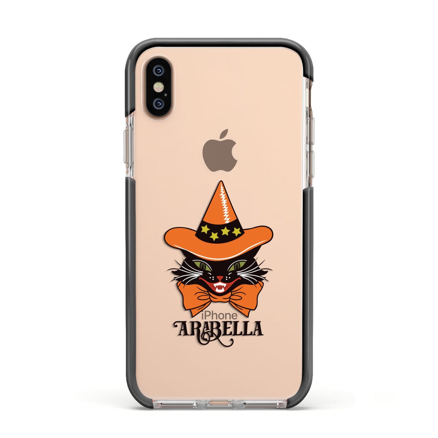 Personalised Halloween Hat Cat Apple iPhone Xs Impact Case Black Edge on Gold Phone