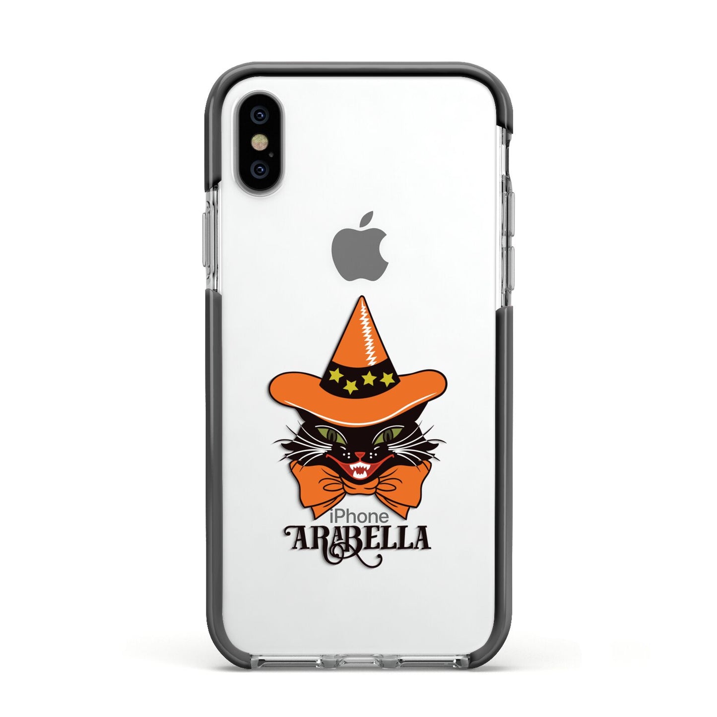 Personalised Halloween Hat Cat Apple iPhone Xs Impact Case Black Edge on Silver Phone
