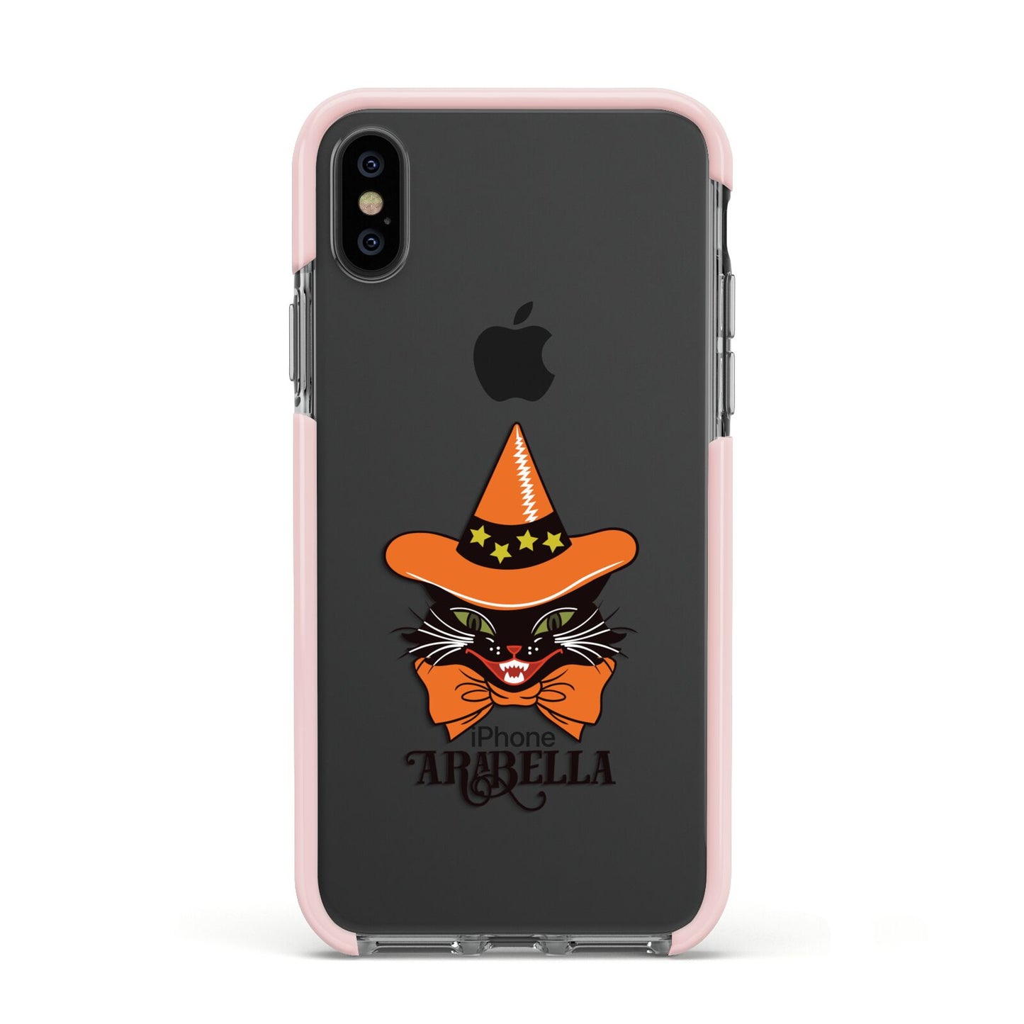 Personalised Halloween Hat Cat Apple iPhone Xs Impact Case Pink Edge on Black Phone