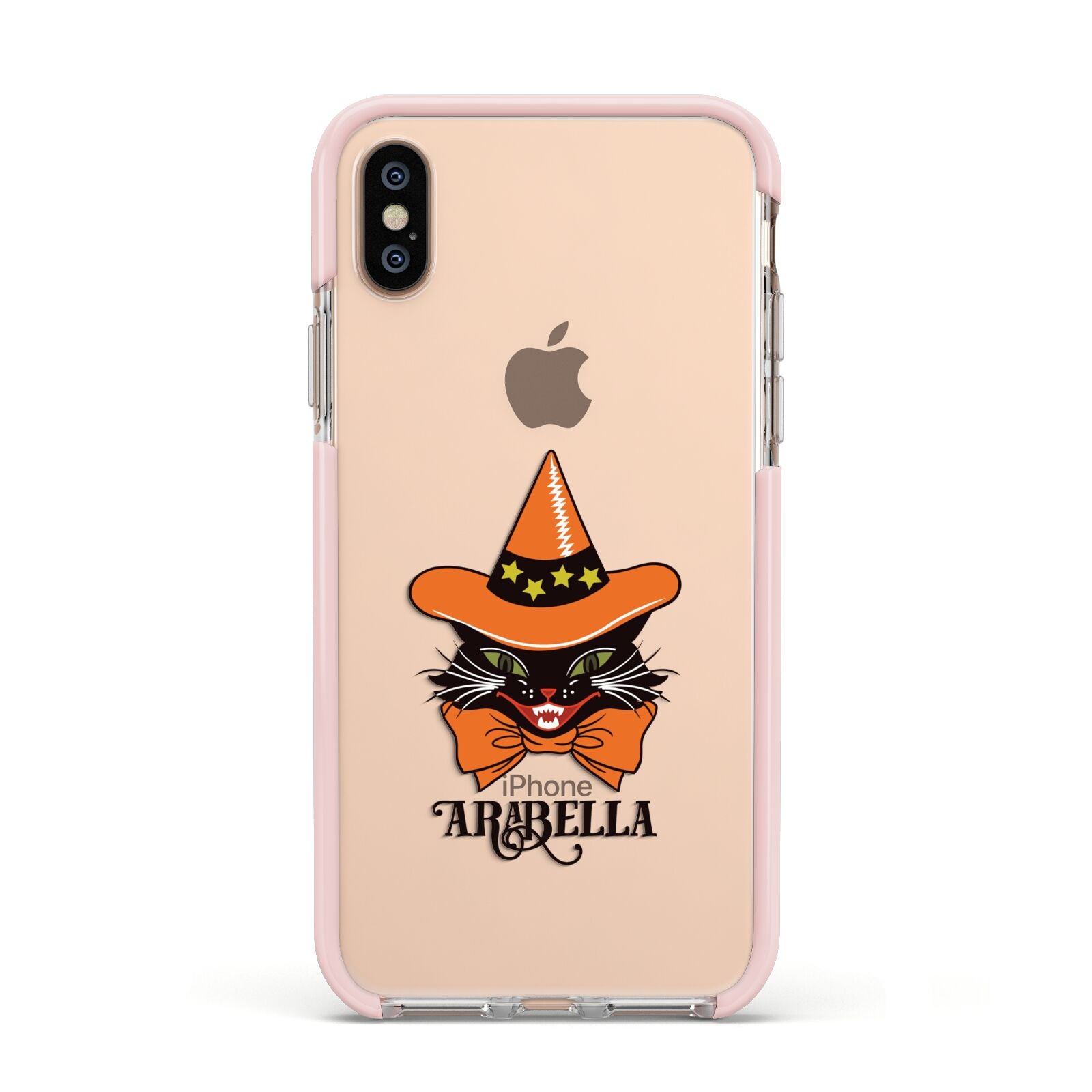 Personalised Halloween Hat Cat Apple iPhone Xs Impact Case Pink Edge on Gold Phone