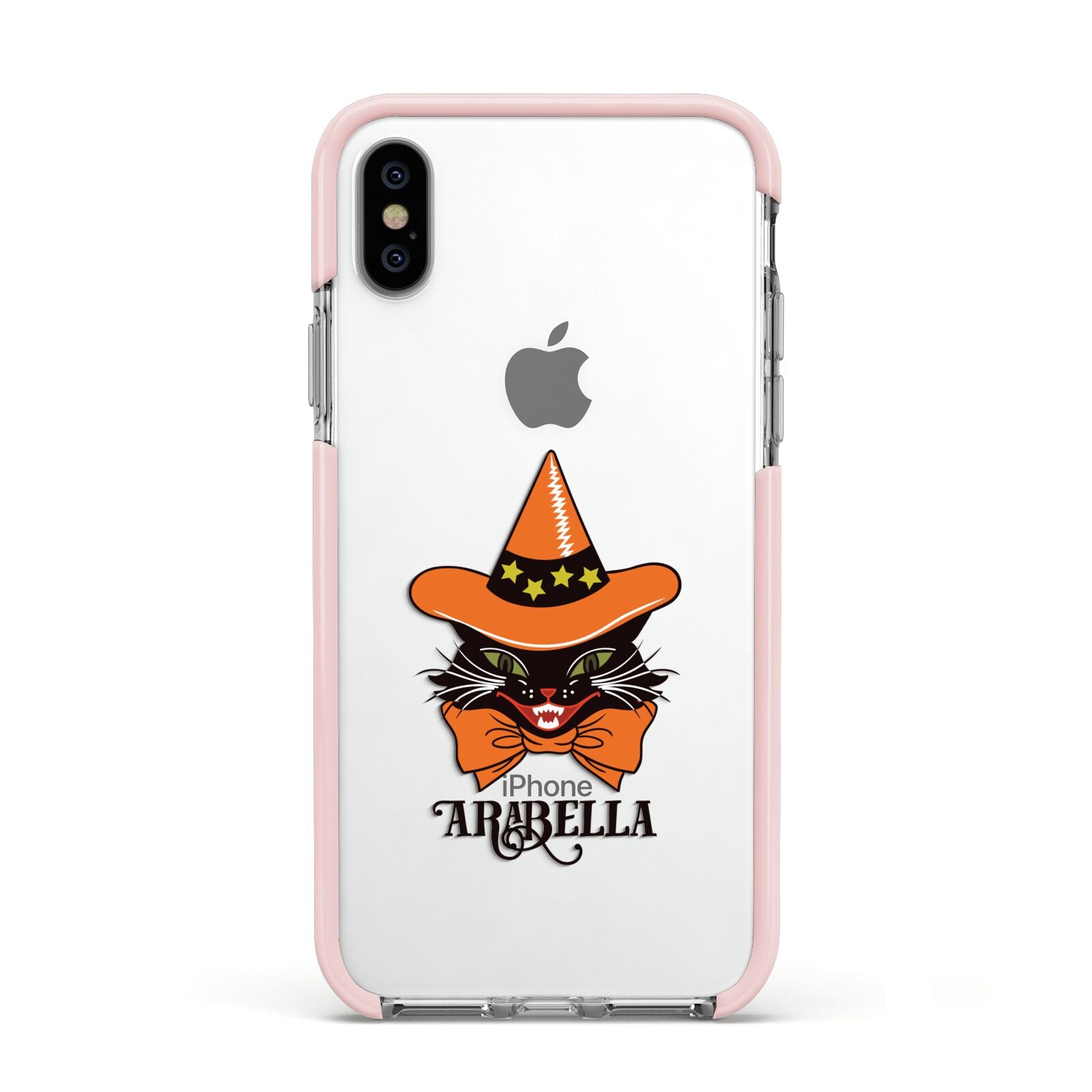 Personalised Halloween Hat Cat Apple iPhone Xs Impact Case Pink Edge on Silver Phone
