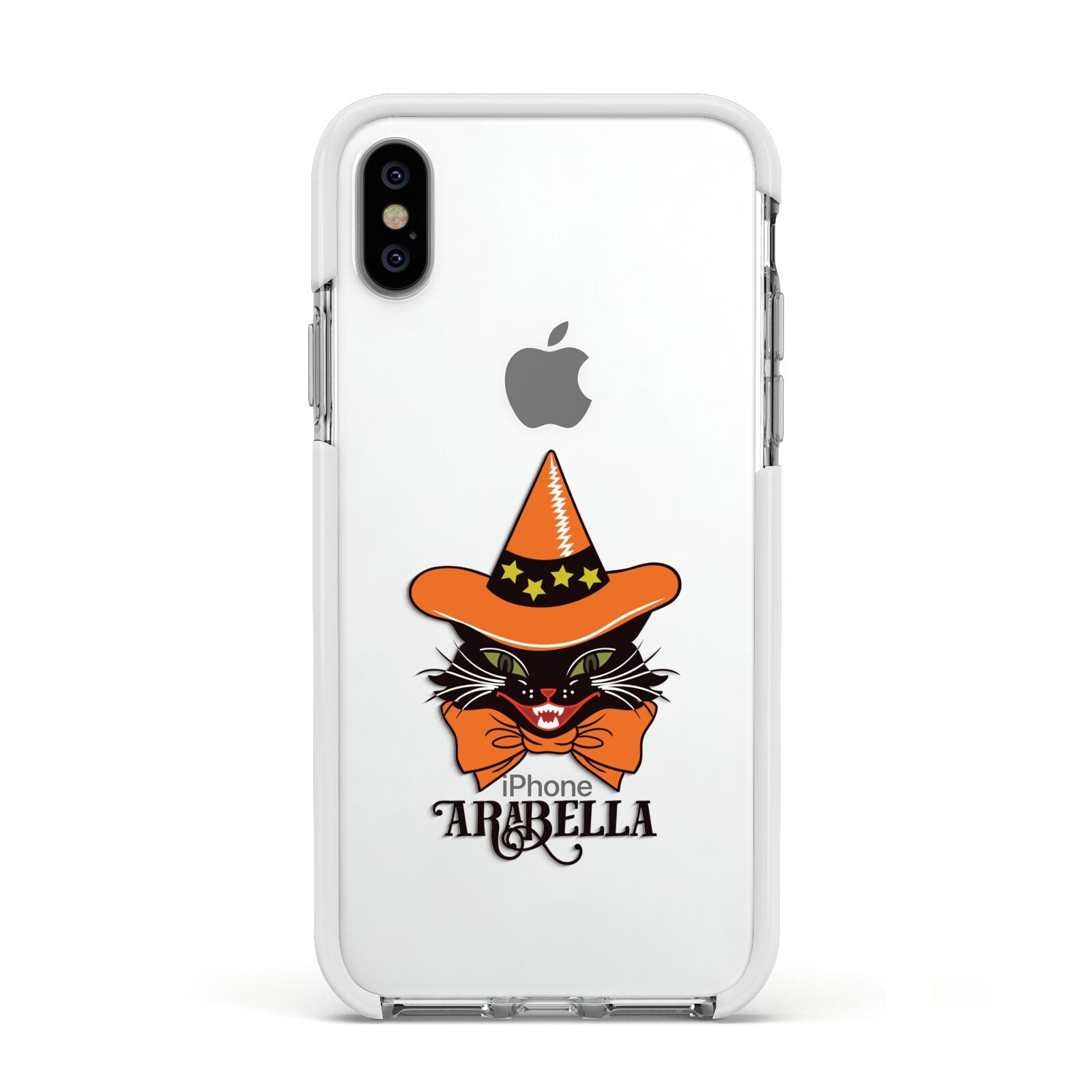 Personalised Halloween Hat Cat Apple iPhone Xs Impact Case White Edge on Silver Phone