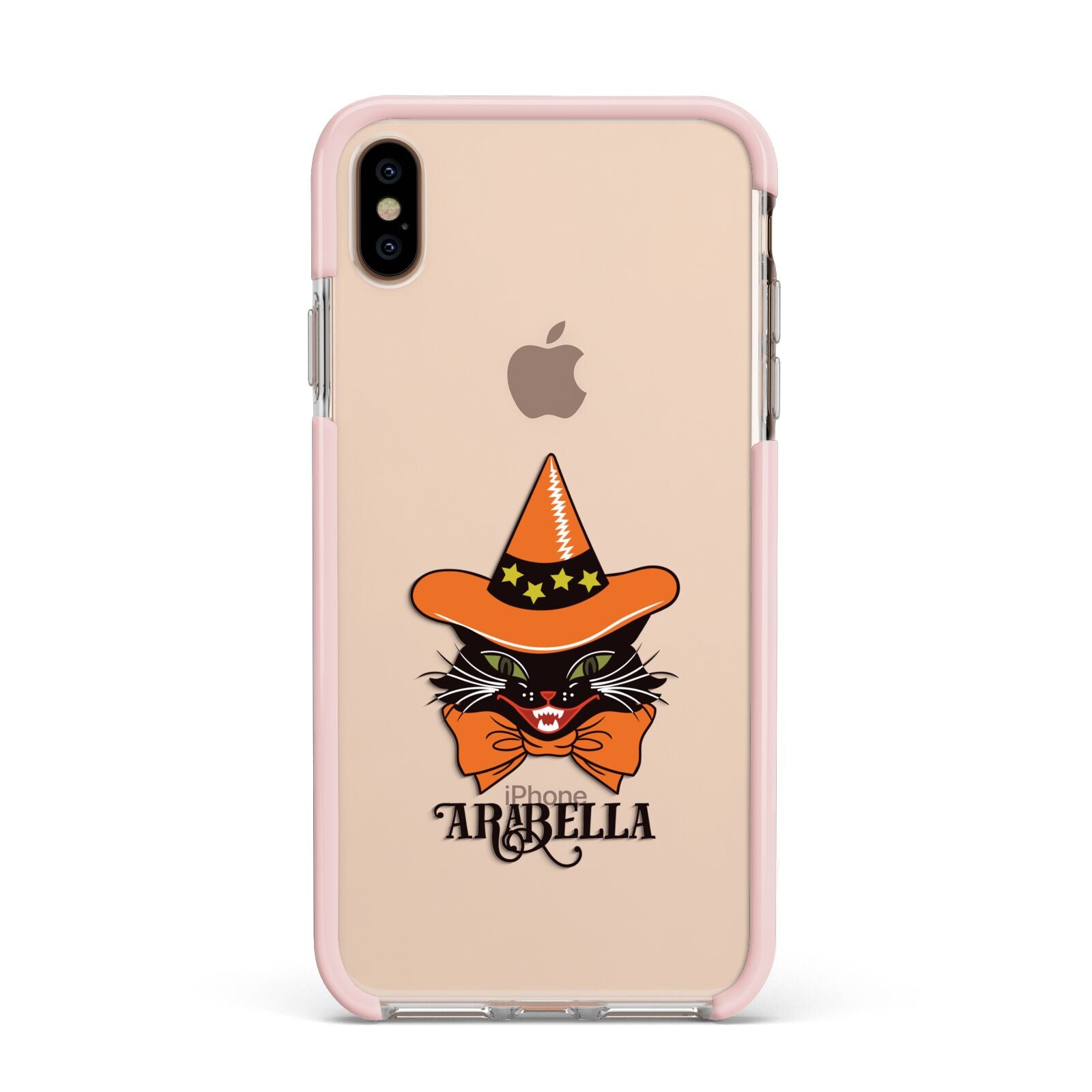 Personalised Halloween Hat Cat Apple iPhone Xs Max Impact Case Pink Edge on Gold Phone