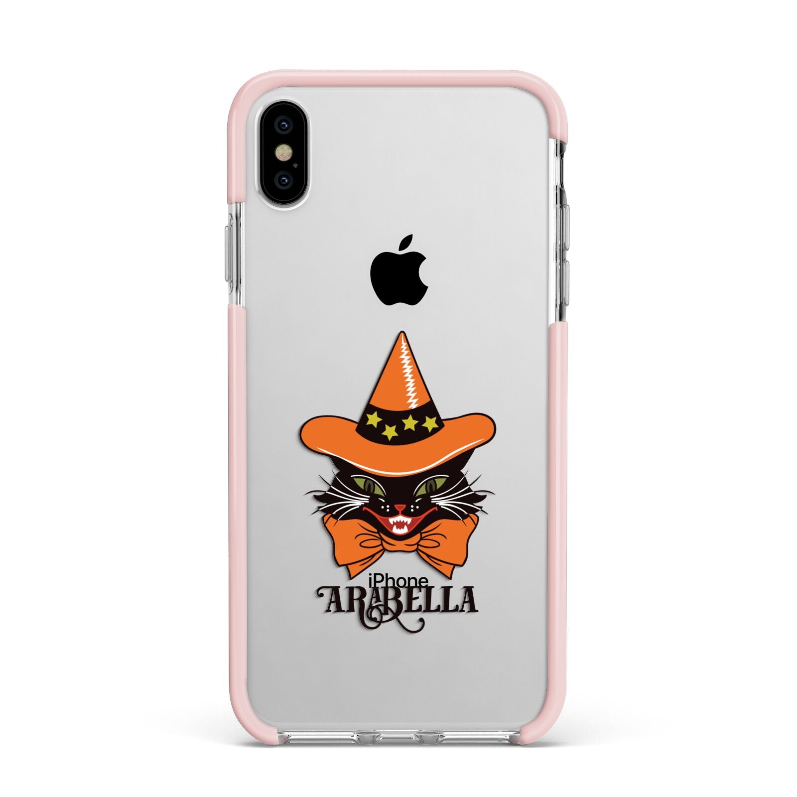 Personalised Halloween Hat Cat Apple iPhone Xs Max Impact Case Pink Edge on Silver Phone