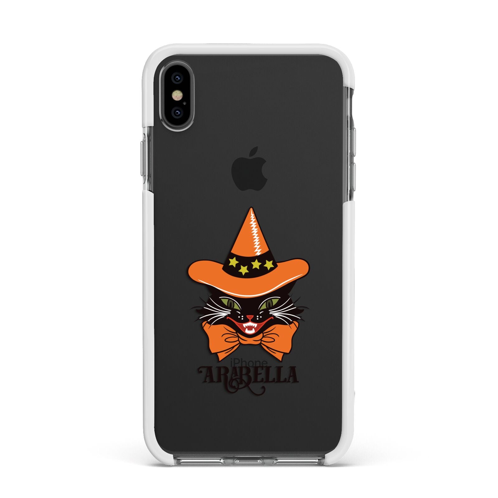 Personalised Halloween Hat Cat Apple iPhone Xs Max Impact Case White Edge on Black Phone