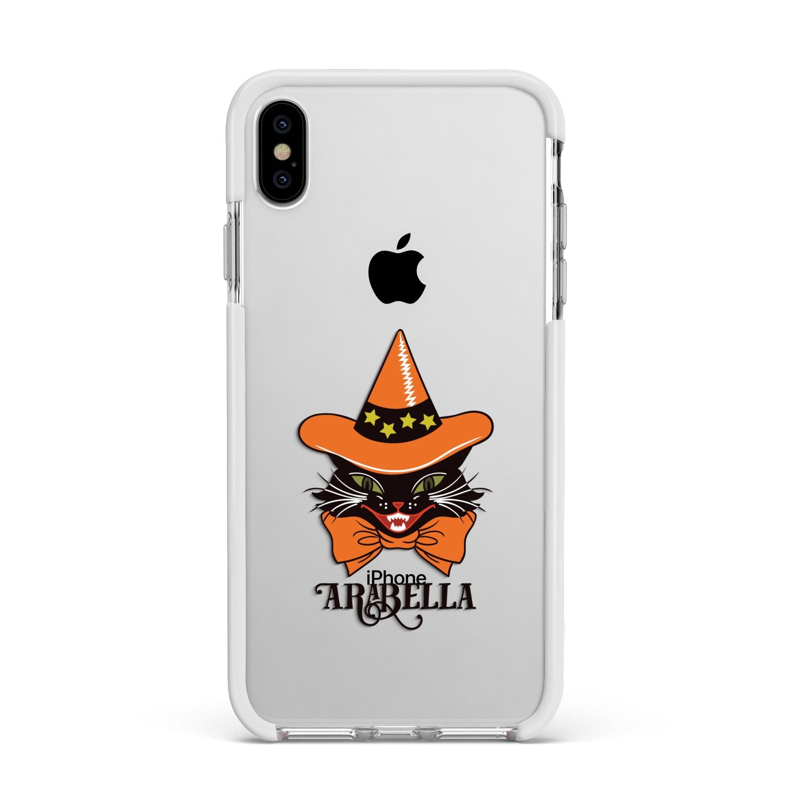 Personalised Halloween Hat Cat Apple iPhone Xs Max Impact Case White Edge on Silver Phone