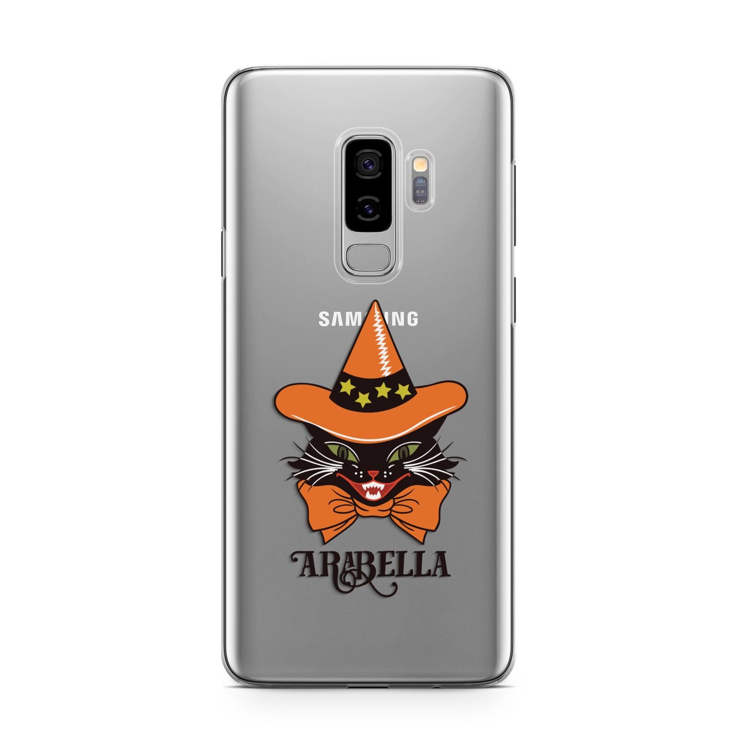 Personalised Halloween Hat Cat Samsung Galaxy S9 Plus Case on Silver phone