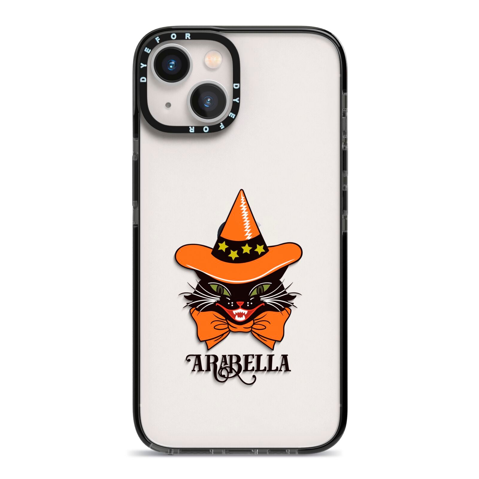 Personalised Halloween Hat Cat iPhone 13 Black Impact Case on Silver phone