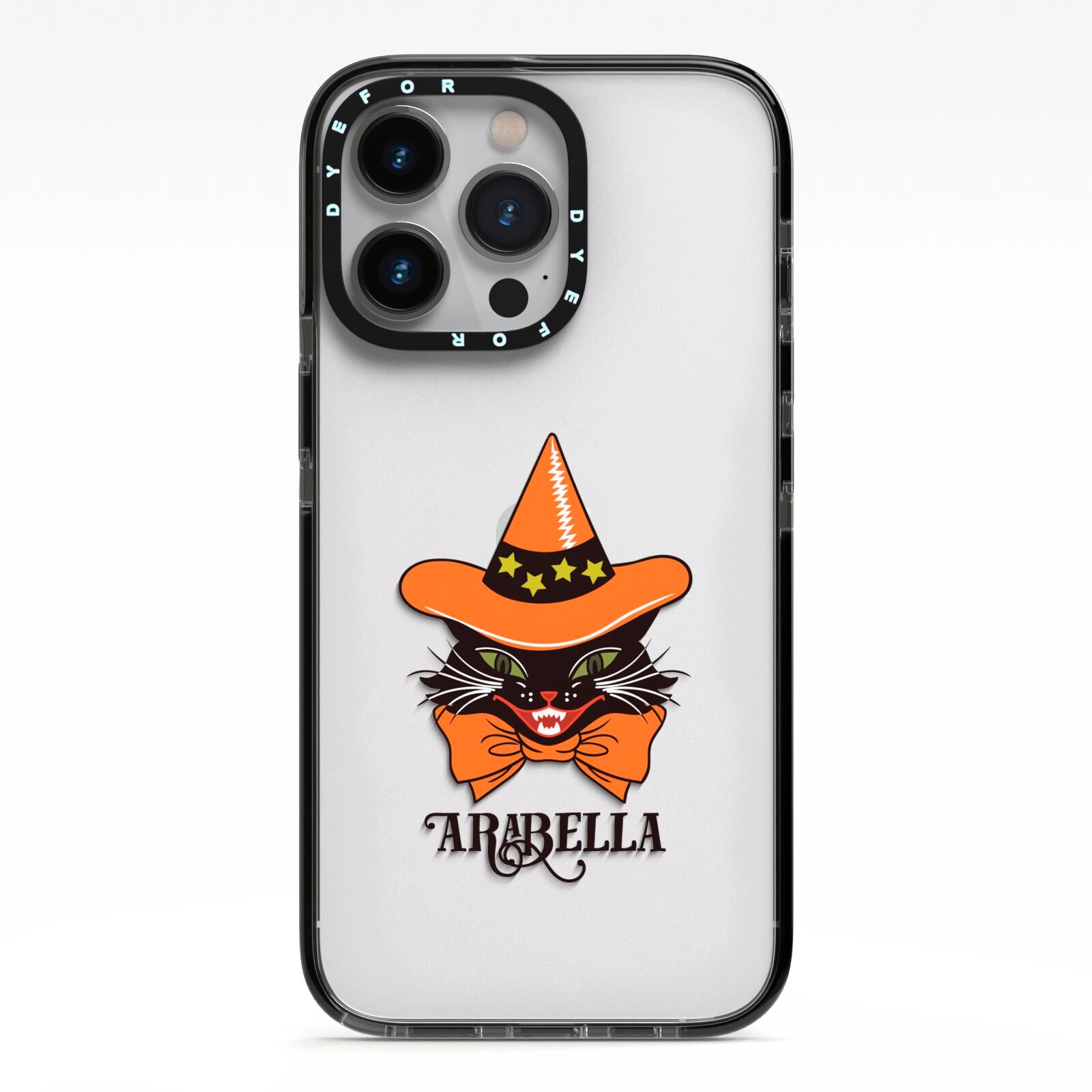 Personalised Halloween Hat Cat iPhone 13 Pro Black Impact Case on Silver phone
