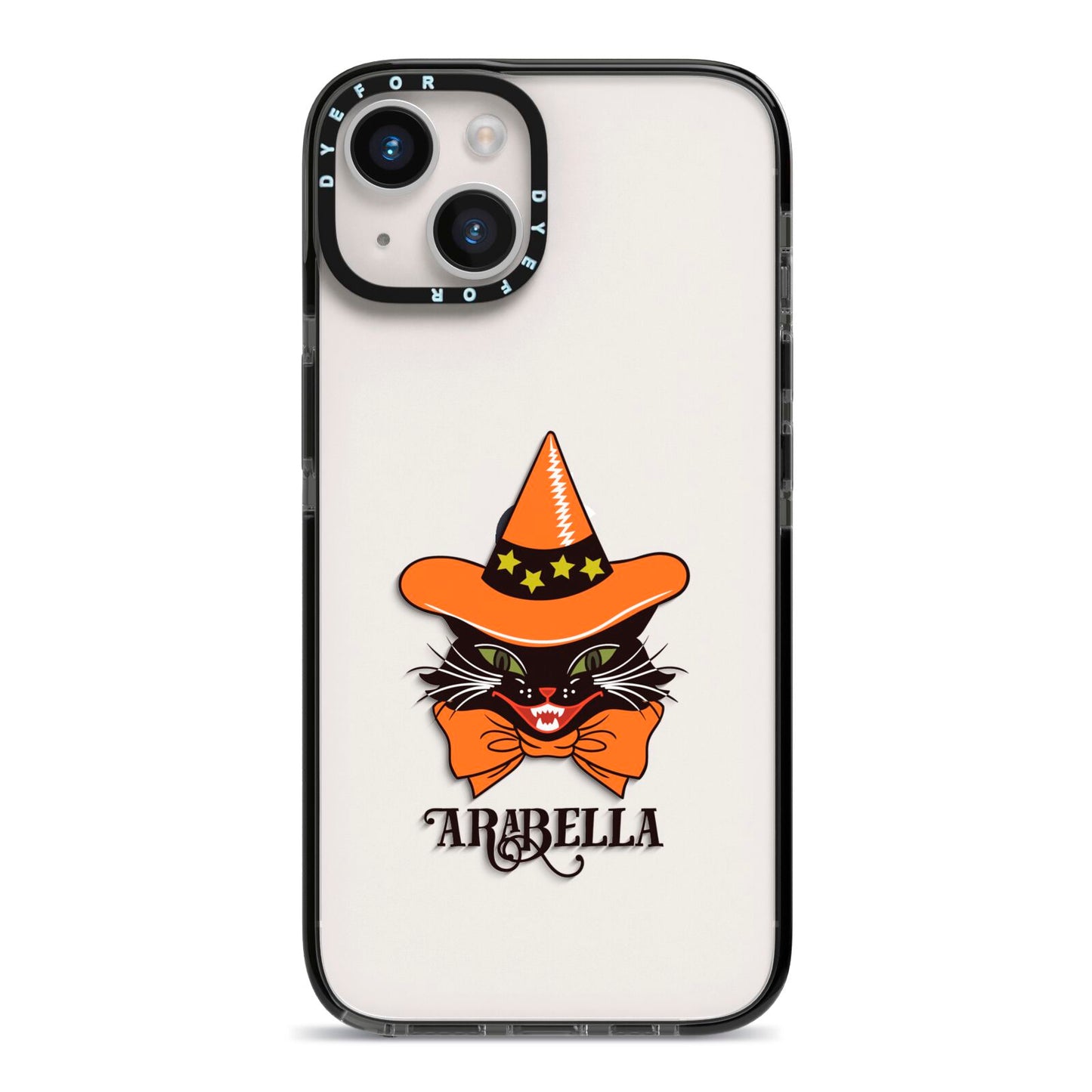 Personalised Halloween Hat Cat iPhone 14 Black Impact Case on Silver phone