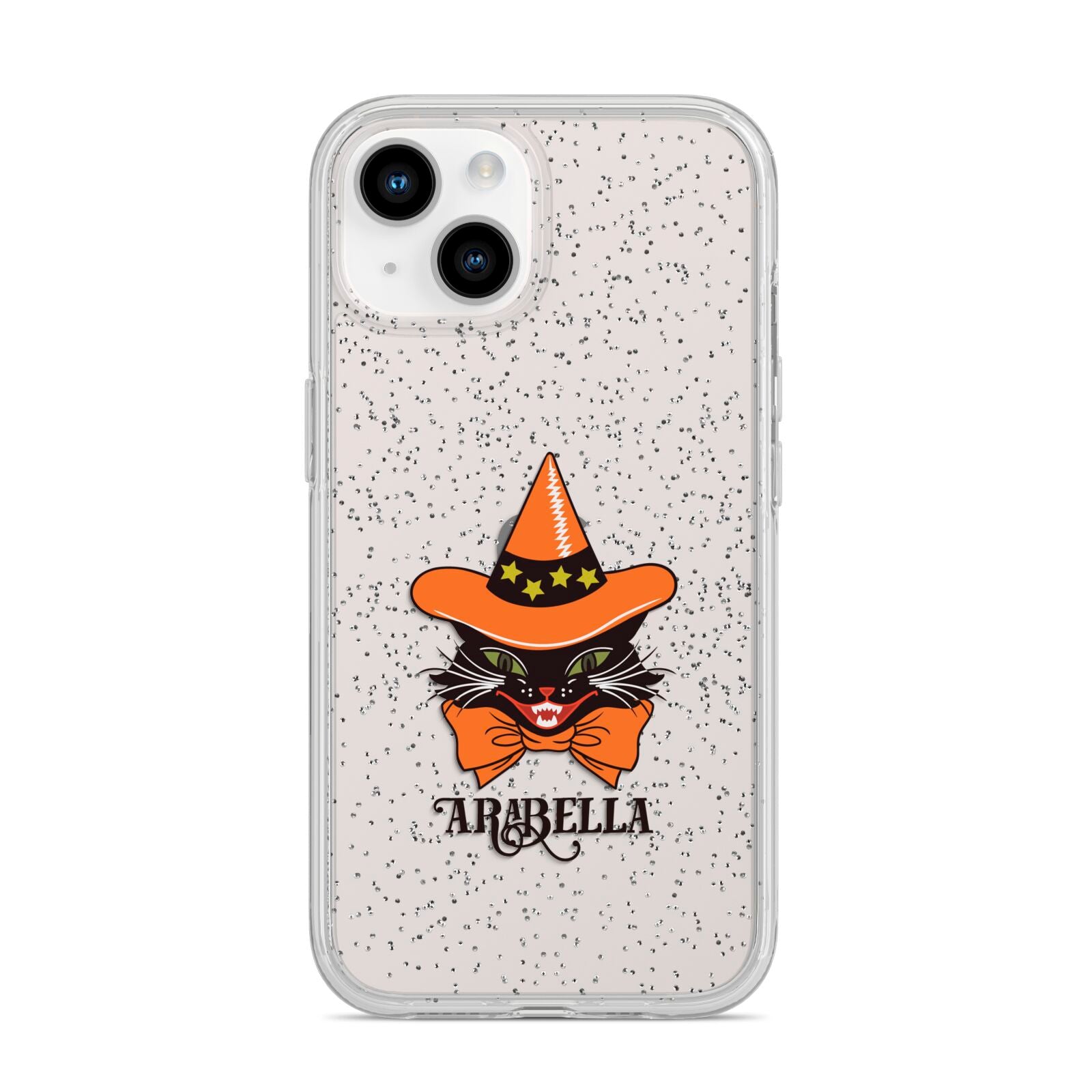 Personalised Halloween Hat Cat iPhone 14 Glitter Tough Case Starlight