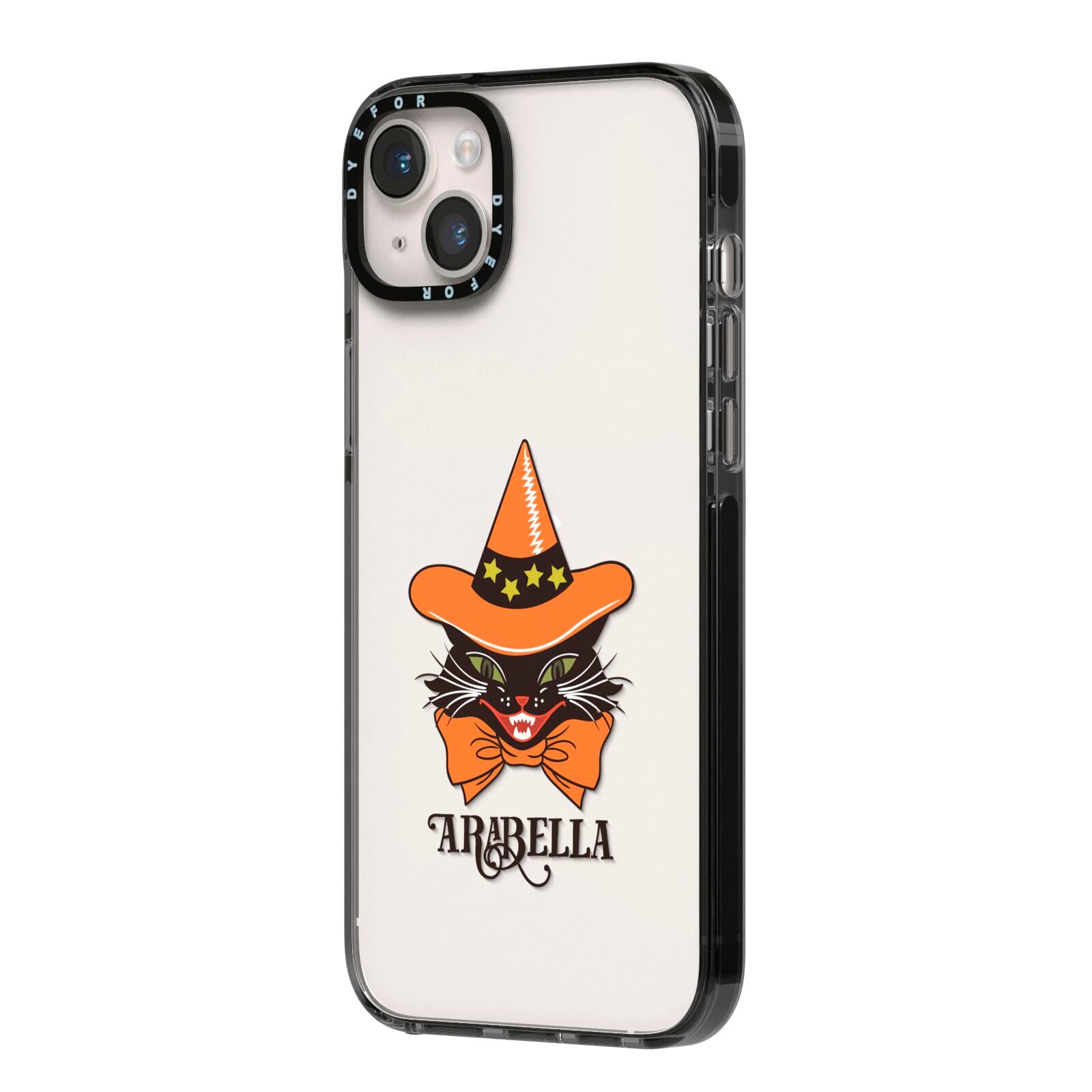 Personalised Halloween Hat Cat iPhone 14 Plus Black Impact Case Side Angle on Silver phone