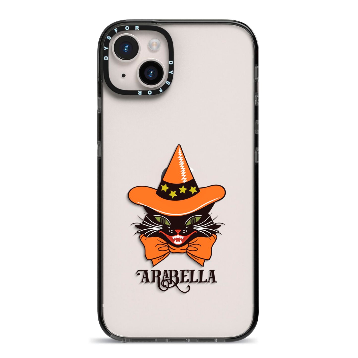 Personalised Halloween Hat Cat iPhone 14 Plus Black Impact Case on Silver phone