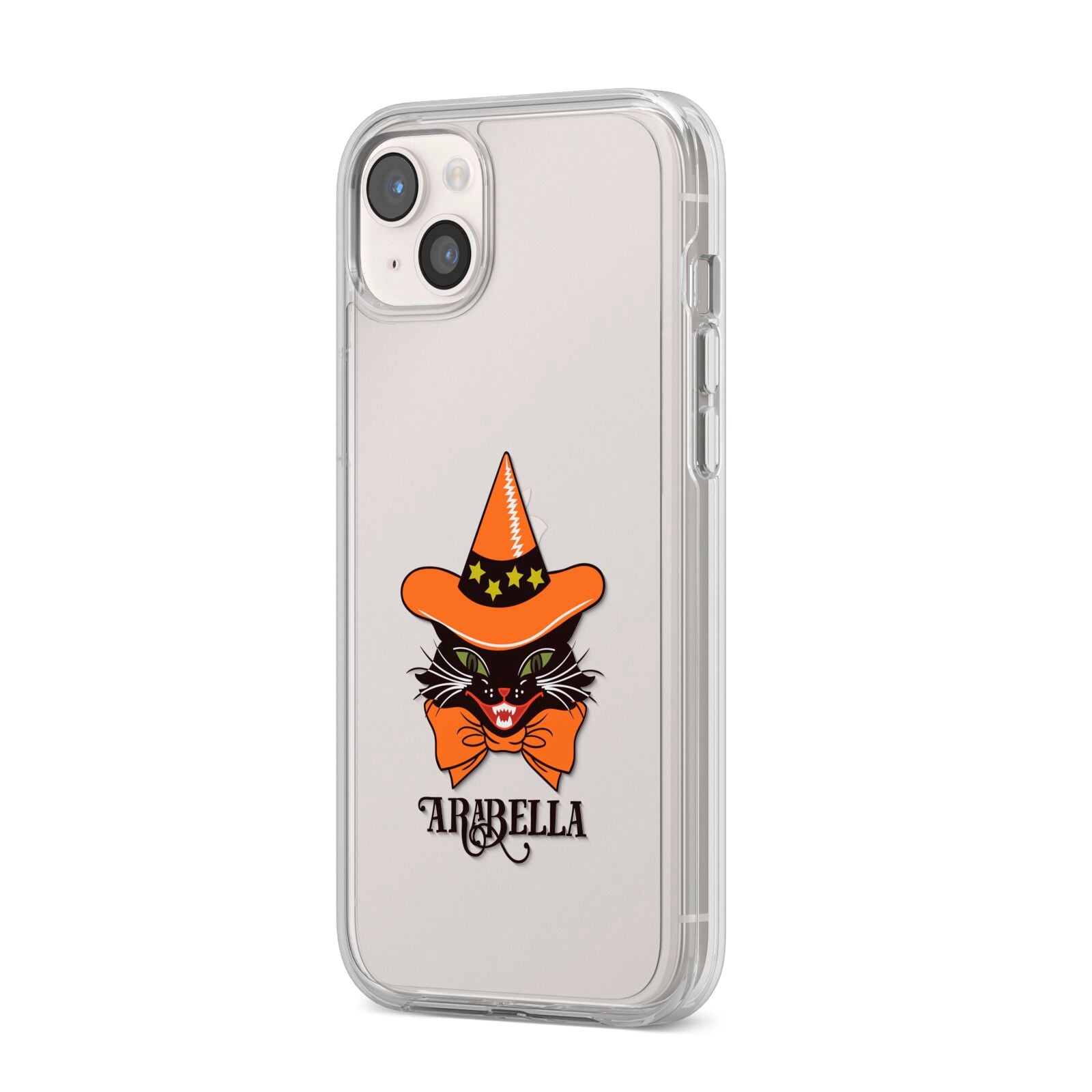 Personalised Halloween Hat Cat iPhone 14 Plus Clear Tough Case Starlight Angled Image
