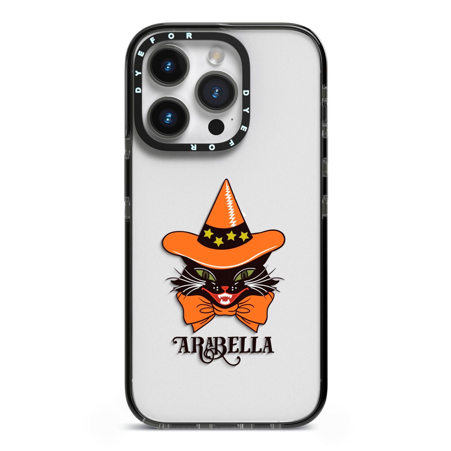 Personalised Halloween Hat Cat iPhone 14 Pro Black Impact Case on Silver phone
