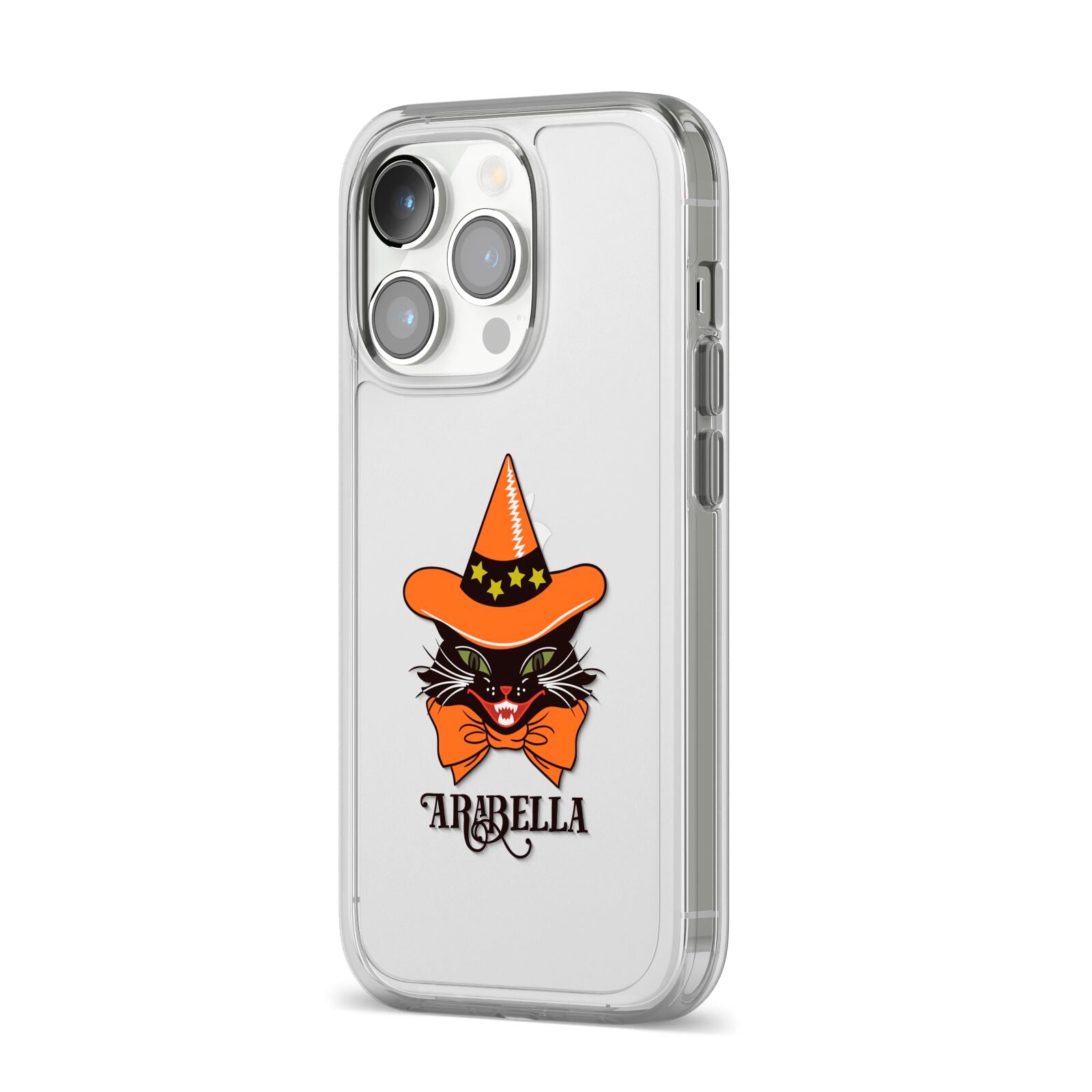 Personalised Halloween Hat Cat iPhone 14 Pro Clear Tough Case Silver Angled Image