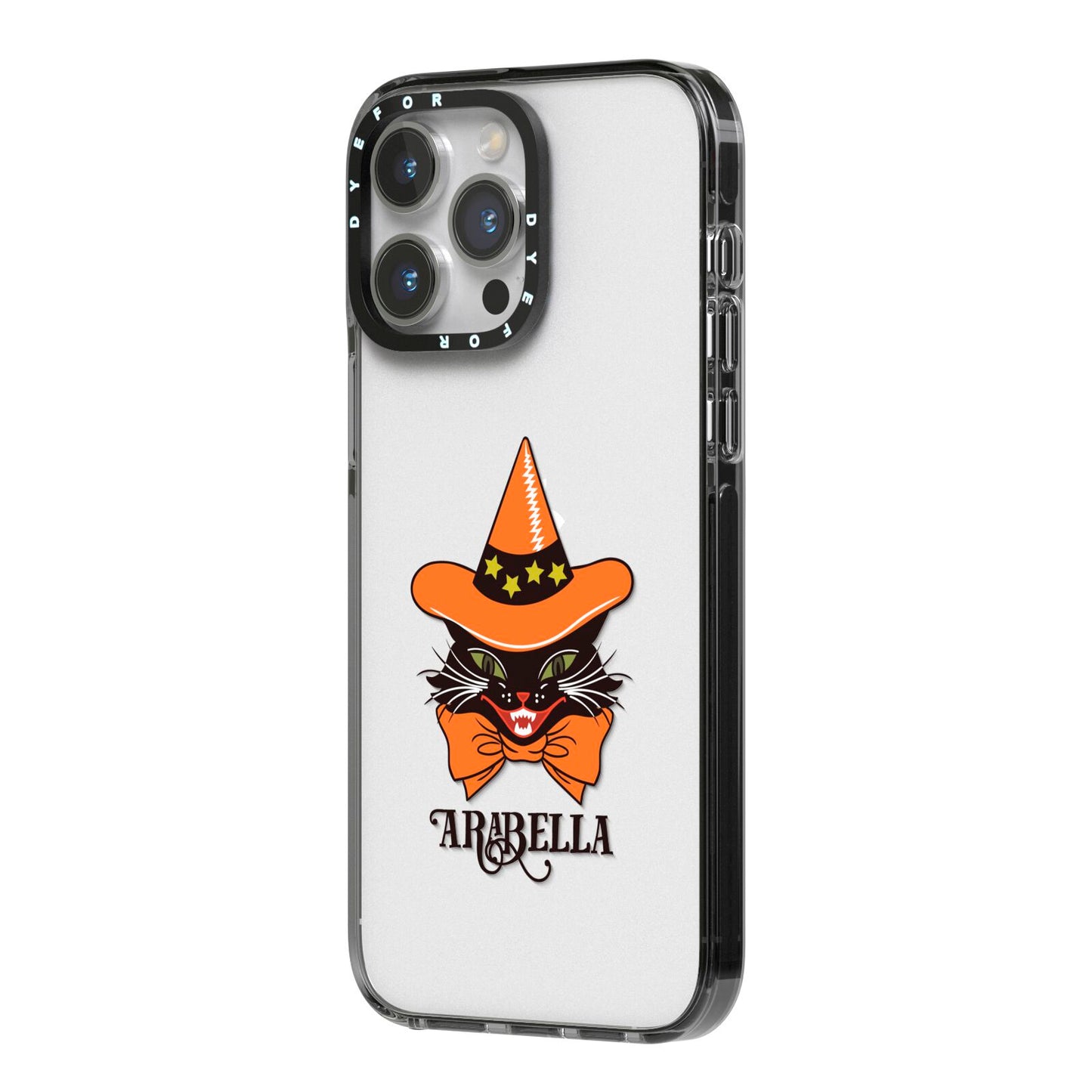 Personalised Halloween Hat Cat iPhone 14 Pro Max Black Impact Case Side Angle on Silver phone