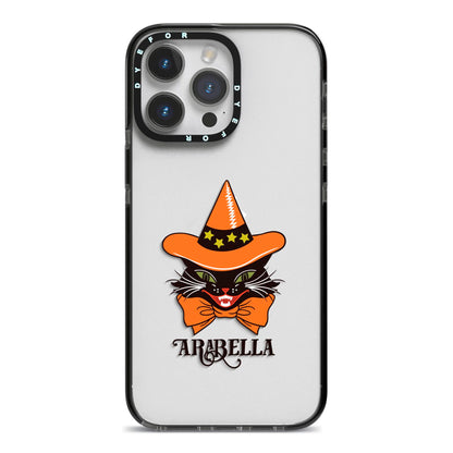 Personalised Halloween Hat Cat iPhone 14 Pro Max Black Impact Case on Silver phone