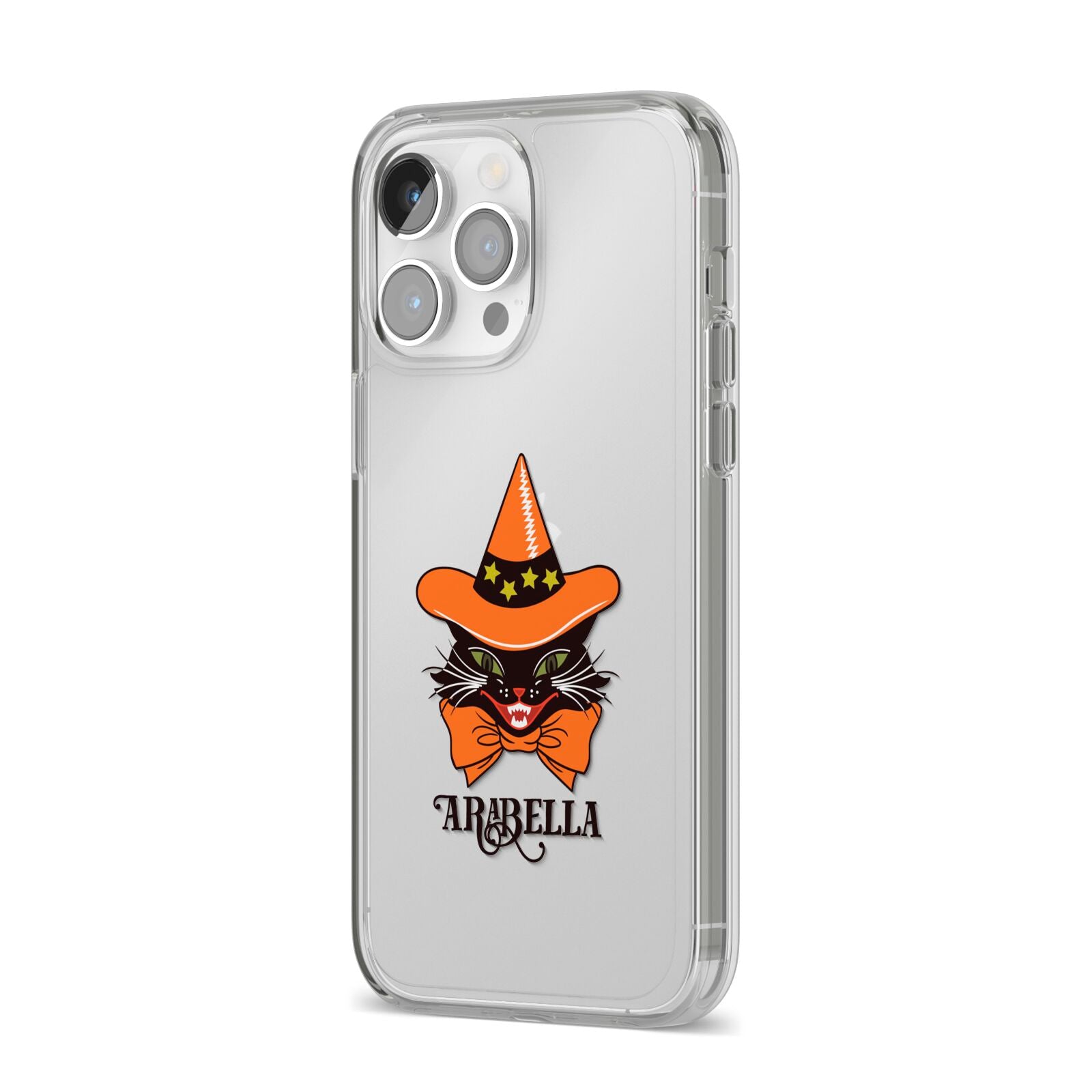 Personalised Halloween Hat Cat iPhone 14 Pro Max Clear Tough Case Silver Angled Image