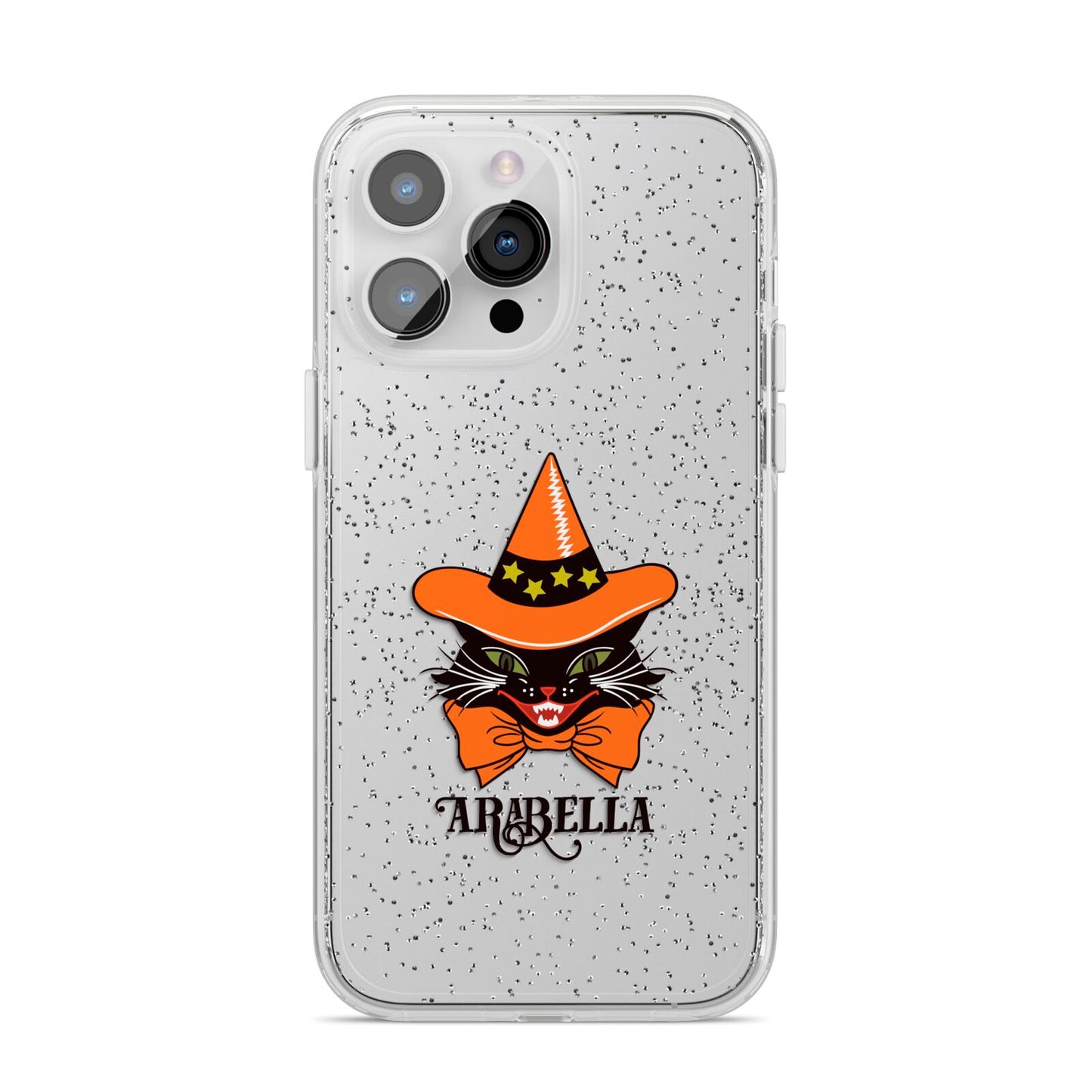 Personalised Halloween Hat Cat iPhone 14 Pro Max Glitter Tough Case Silver