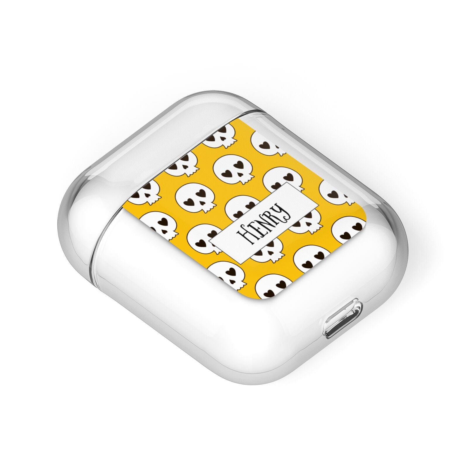 Personalised Halloween Heart Skulls AirPods Case Laid Flat