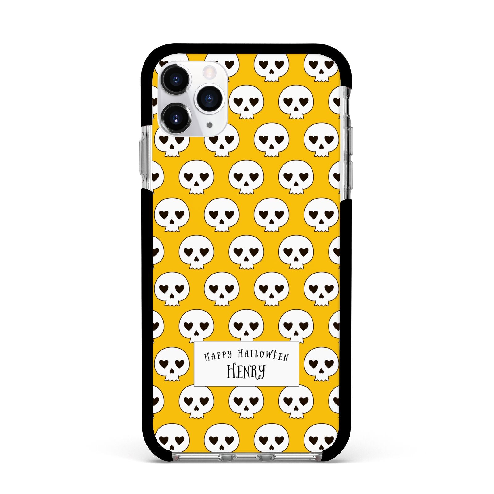 Personalised Halloween Heart Skulls Apple iPhone 11 Pro Max in Silver with Black Impact Case
