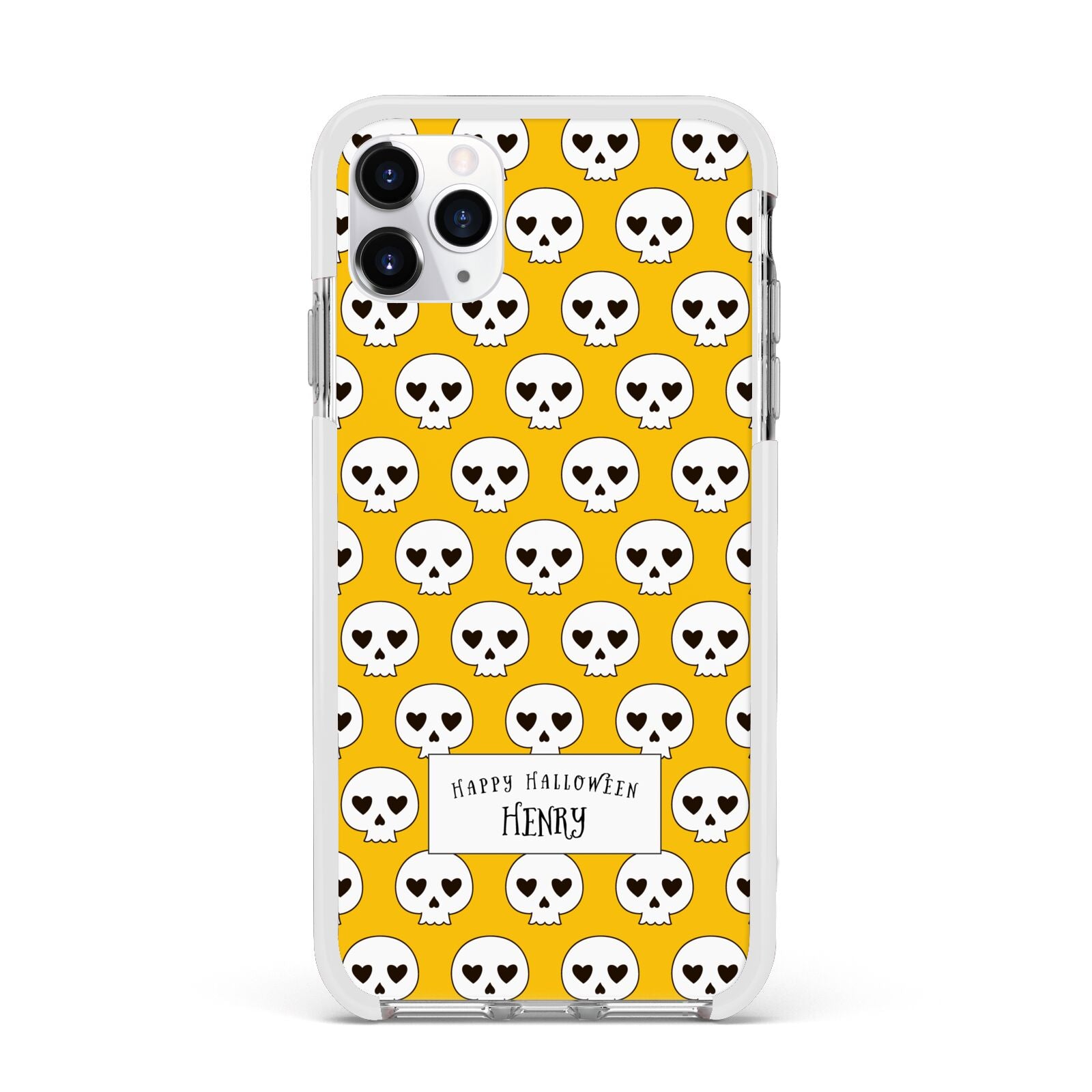 Personalised Halloween Heart Skulls Apple iPhone 11 Pro Max in Silver with White Impact Case