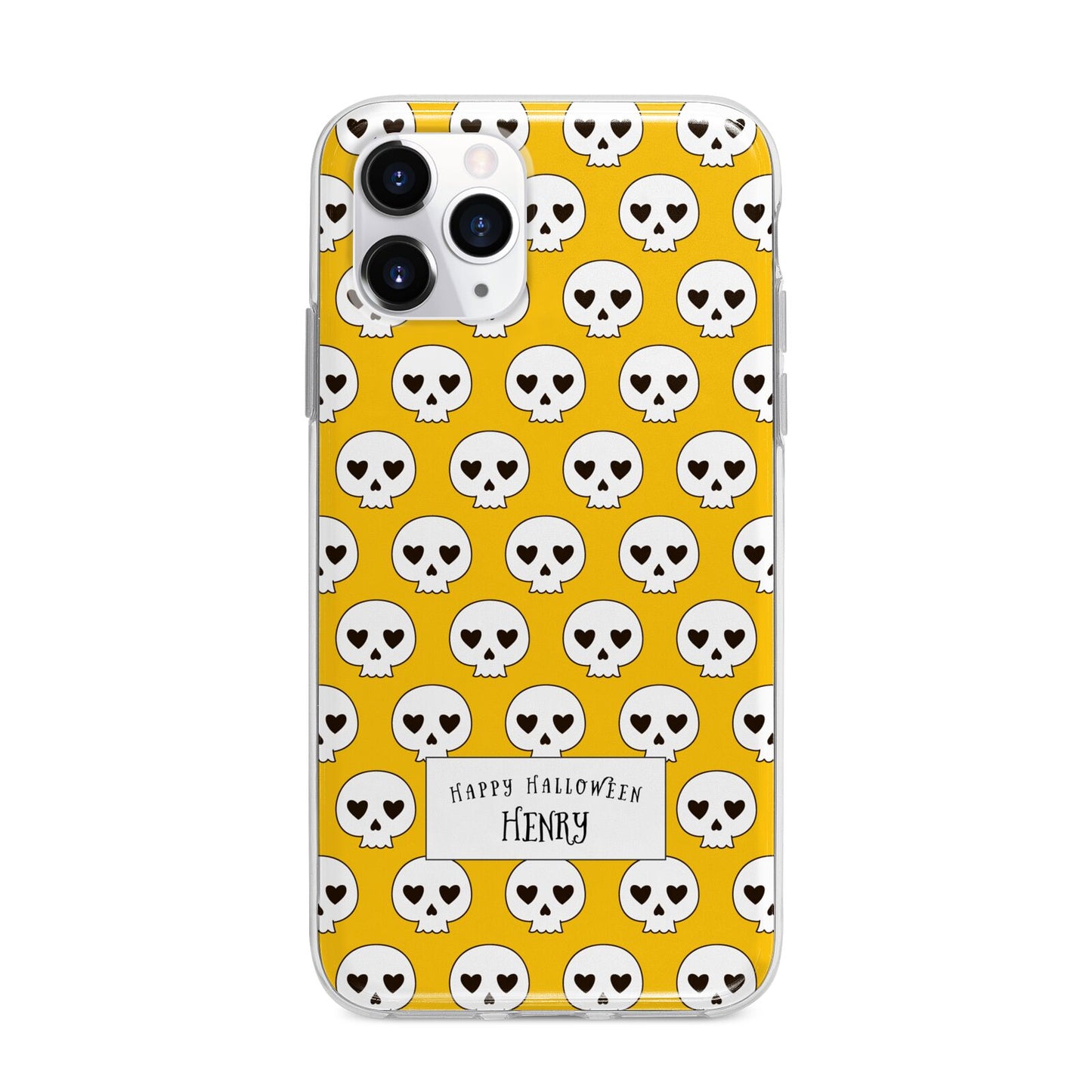Personalised Halloween Heart Skulls Apple iPhone 11 Pro in Silver with Bumper Case