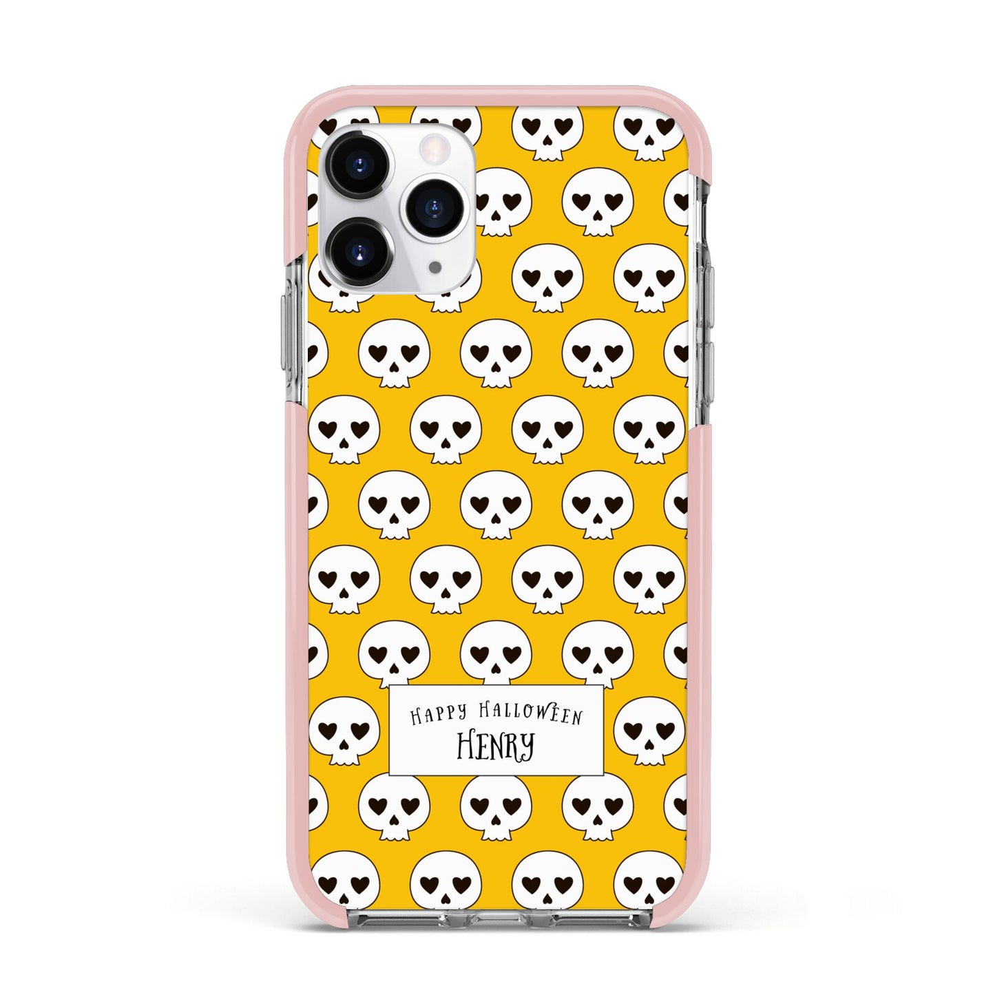 Personalised Halloween Heart Skulls Apple iPhone 11 Pro in Silver with Pink Impact Case