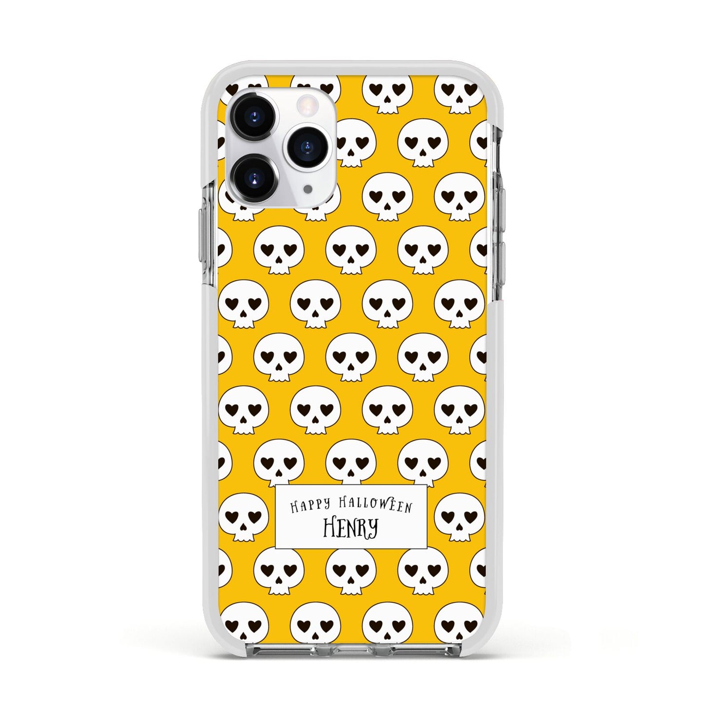 Personalised Halloween Heart Skulls Apple iPhone 11 Pro in Silver with White Impact Case