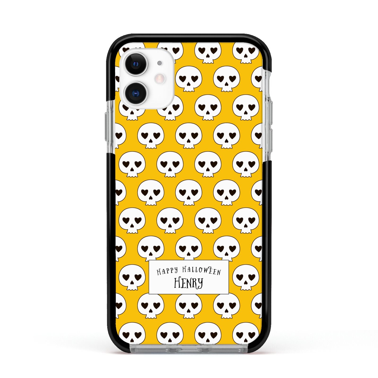 Personalised Halloween Heart Skulls Apple iPhone 11 in White with Black Impact Case