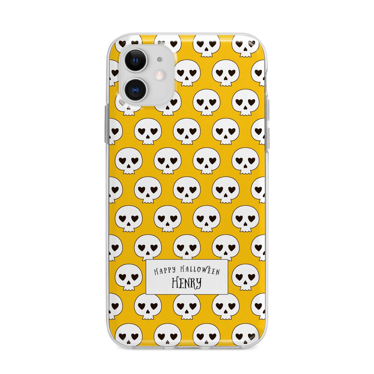 Personalised Halloween Heart Skulls Apple iPhone 11 in White with Bumper Case
