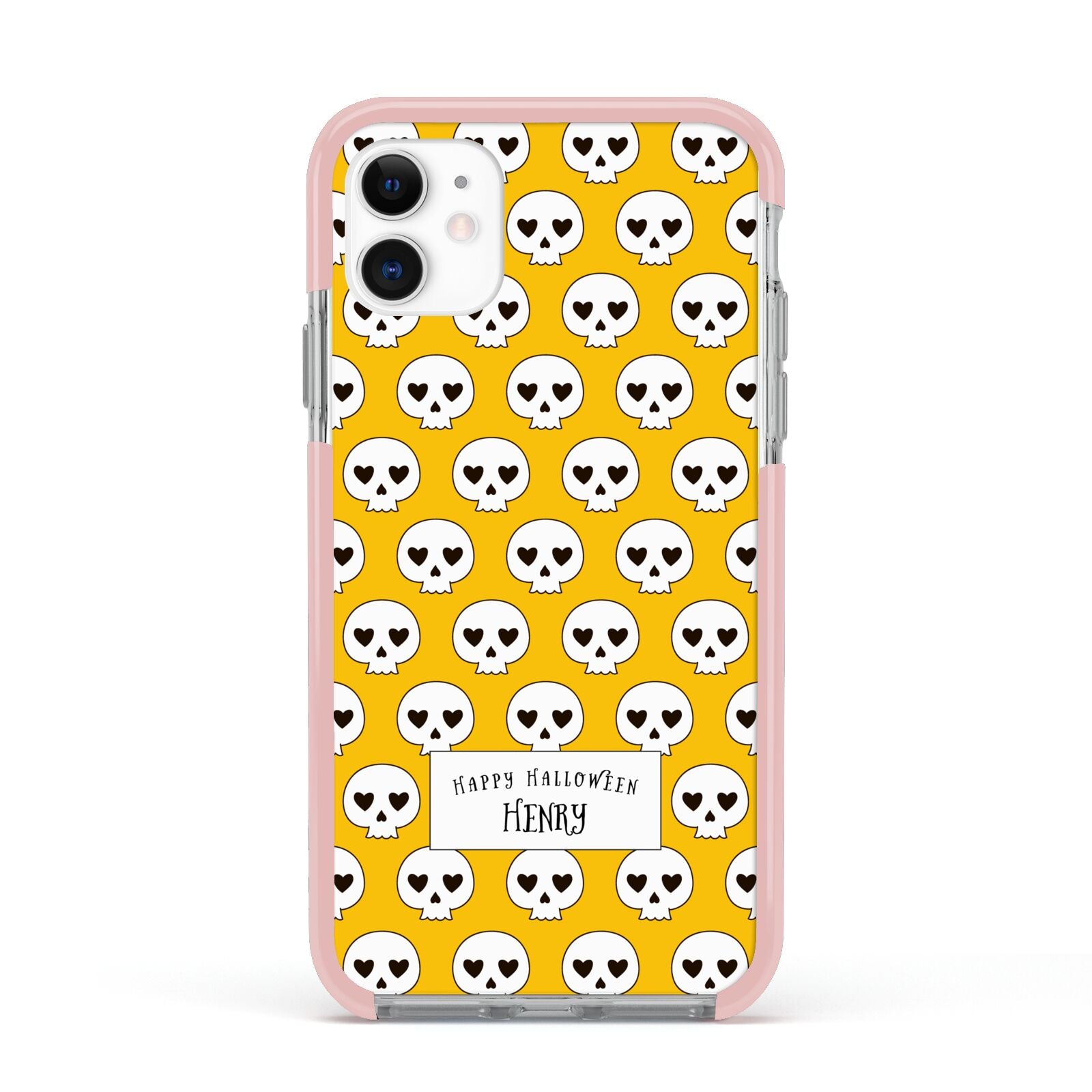 Personalised Halloween Heart Skulls Apple iPhone 11 in White with Pink Impact Case