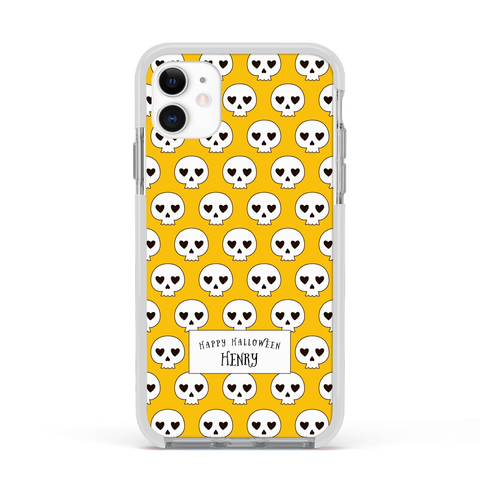 Personalised Halloween Heart Skulls Apple iPhone 11 in White with White Impact Case