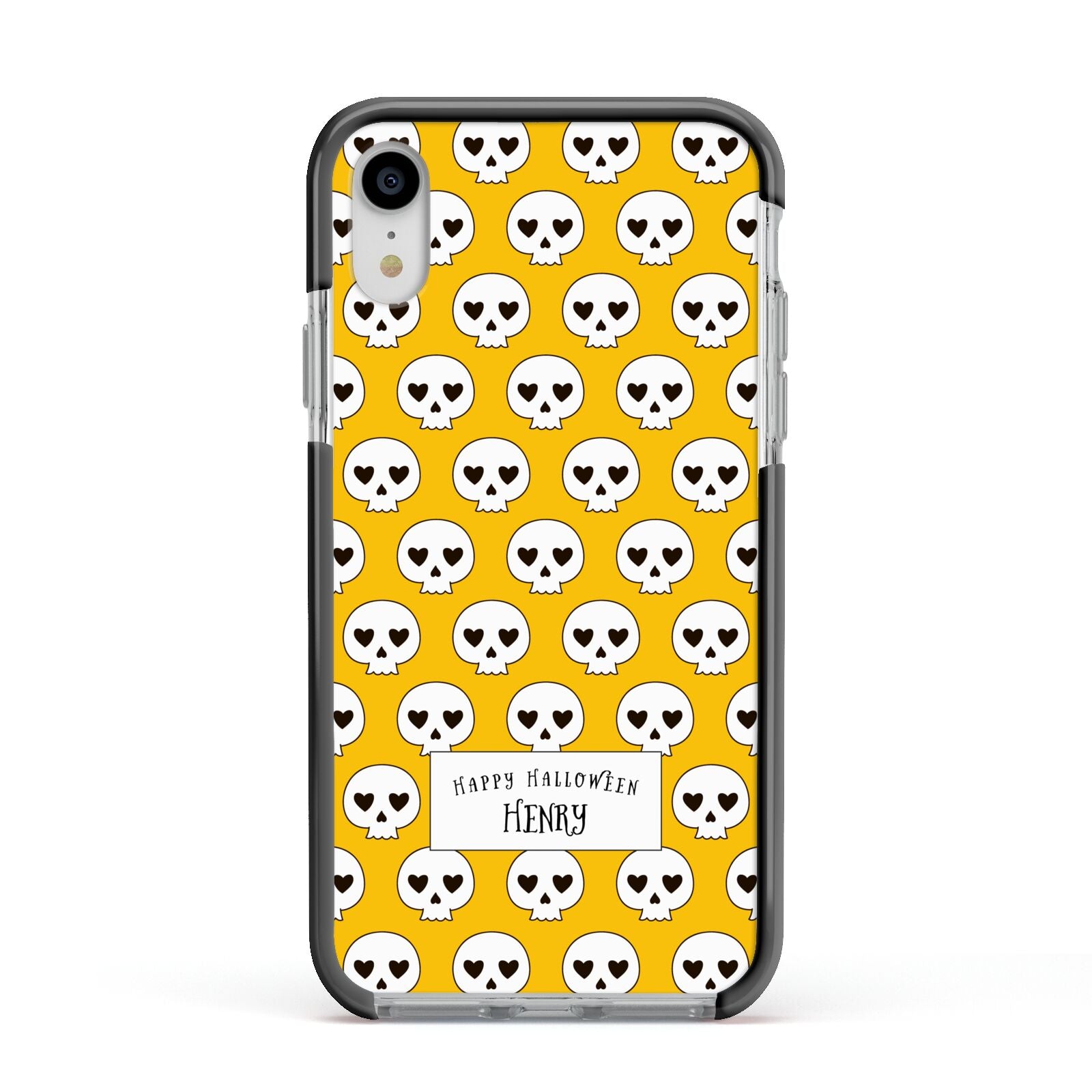 Personalised Halloween Heart Skulls Apple iPhone XR Impact Case Black Edge on Silver Phone