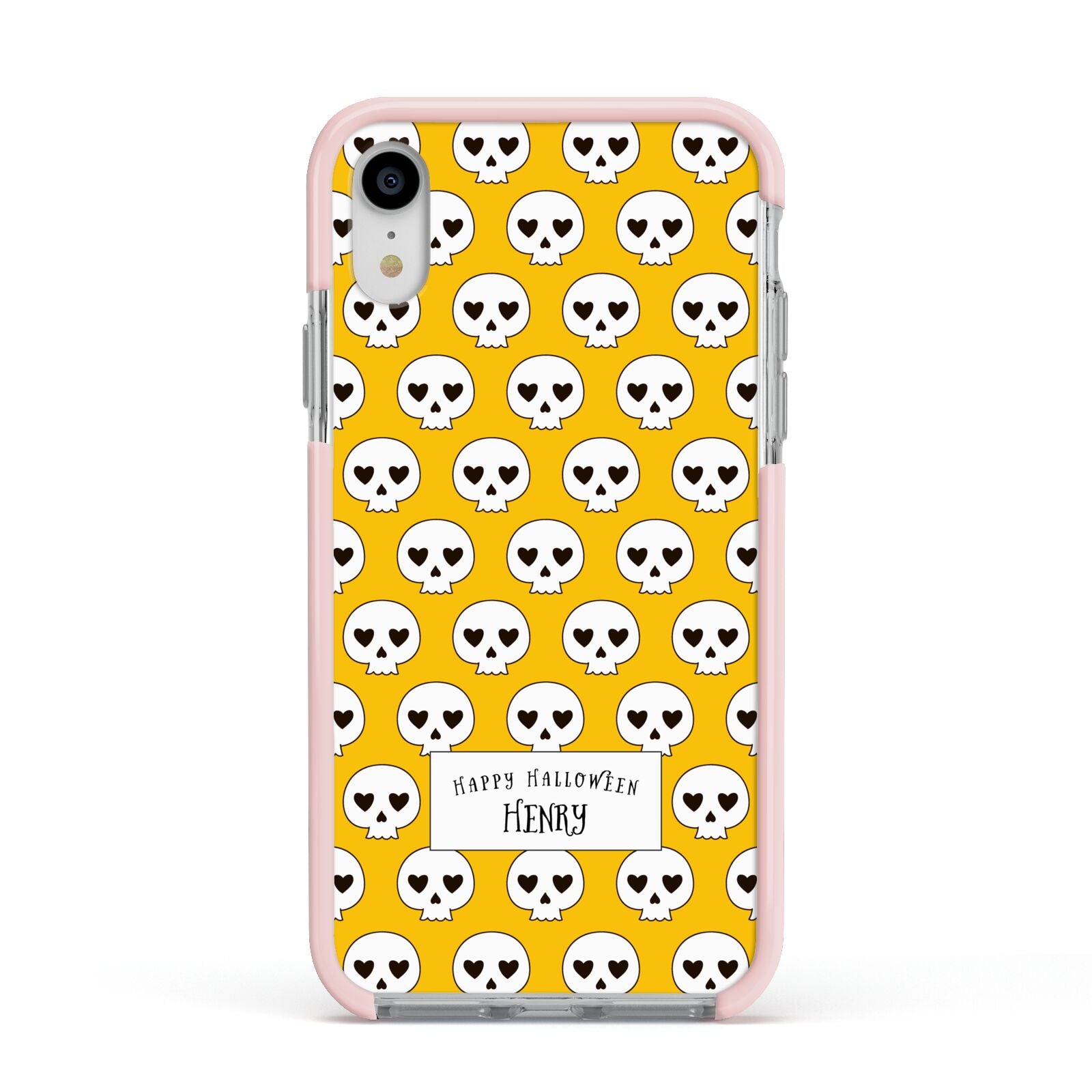 Personalised Halloween Heart Skulls Apple iPhone XR Impact Case Pink Edge on Silver Phone