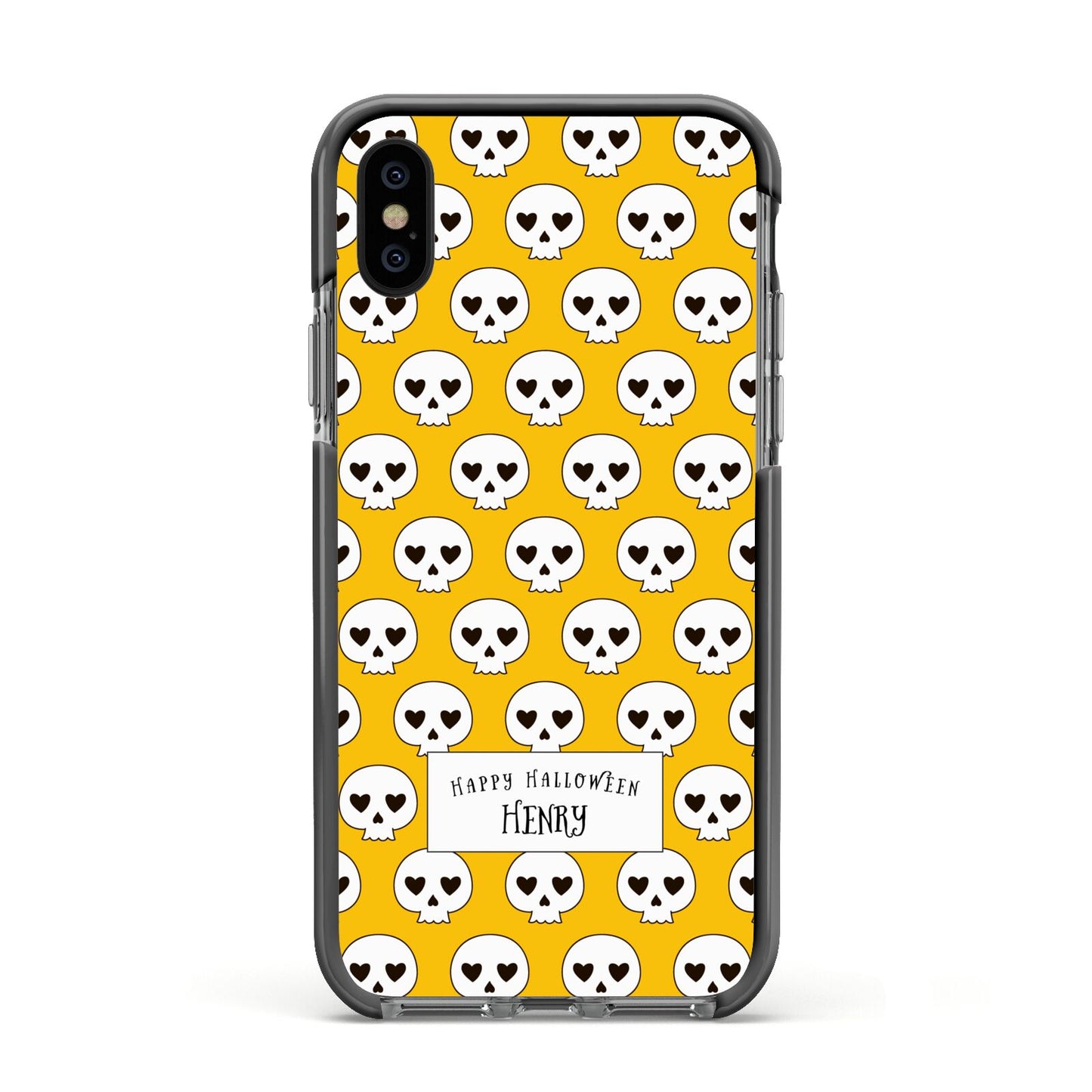 Personalised Halloween Heart Skulls Apple iPhone Xs Impact Case Black Edge on Black Phone
