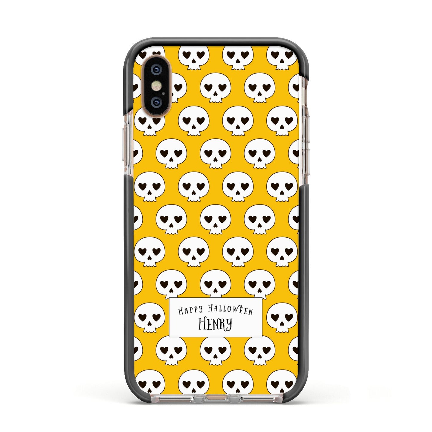 Personalised Halloween Heart Skulls Apple iPhone Xs Impact Case Black Edge on Gold Phone
