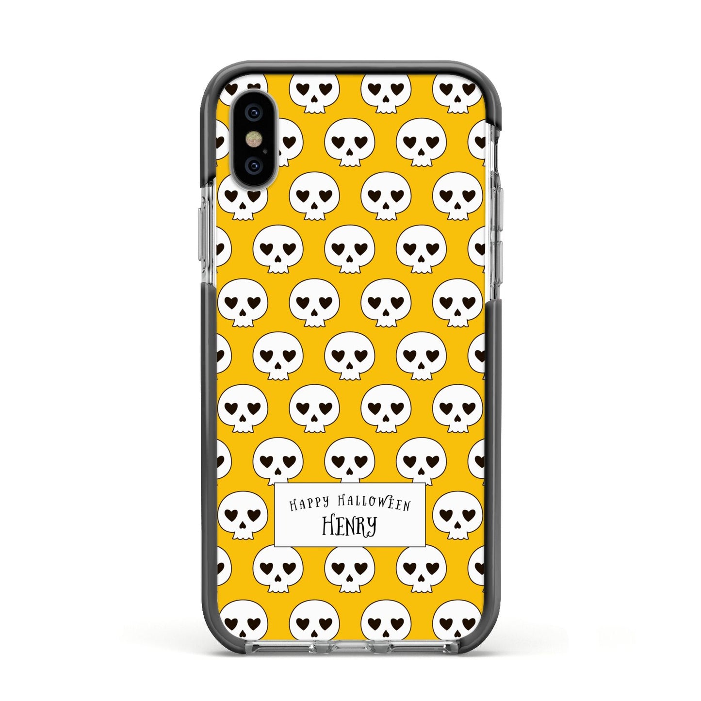 Personalised Halloween Heart Skulls Apple iPhone Xs Impact Case Black Edge on Silver Phone