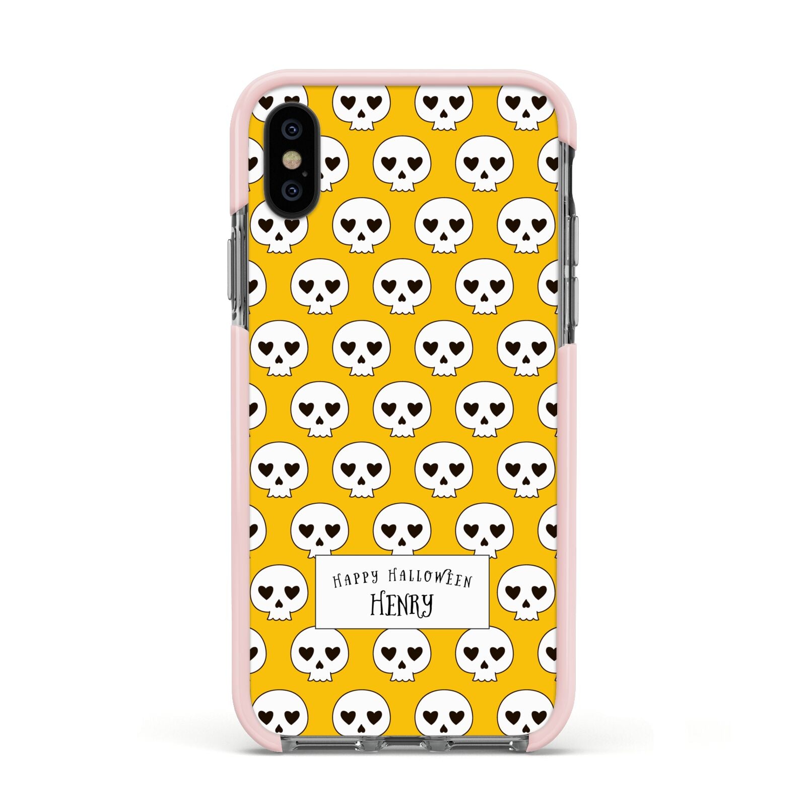 Personalised Halloween Heart Skulls Apple iPhone Xs Impact Case Pink Edge on Black Phone