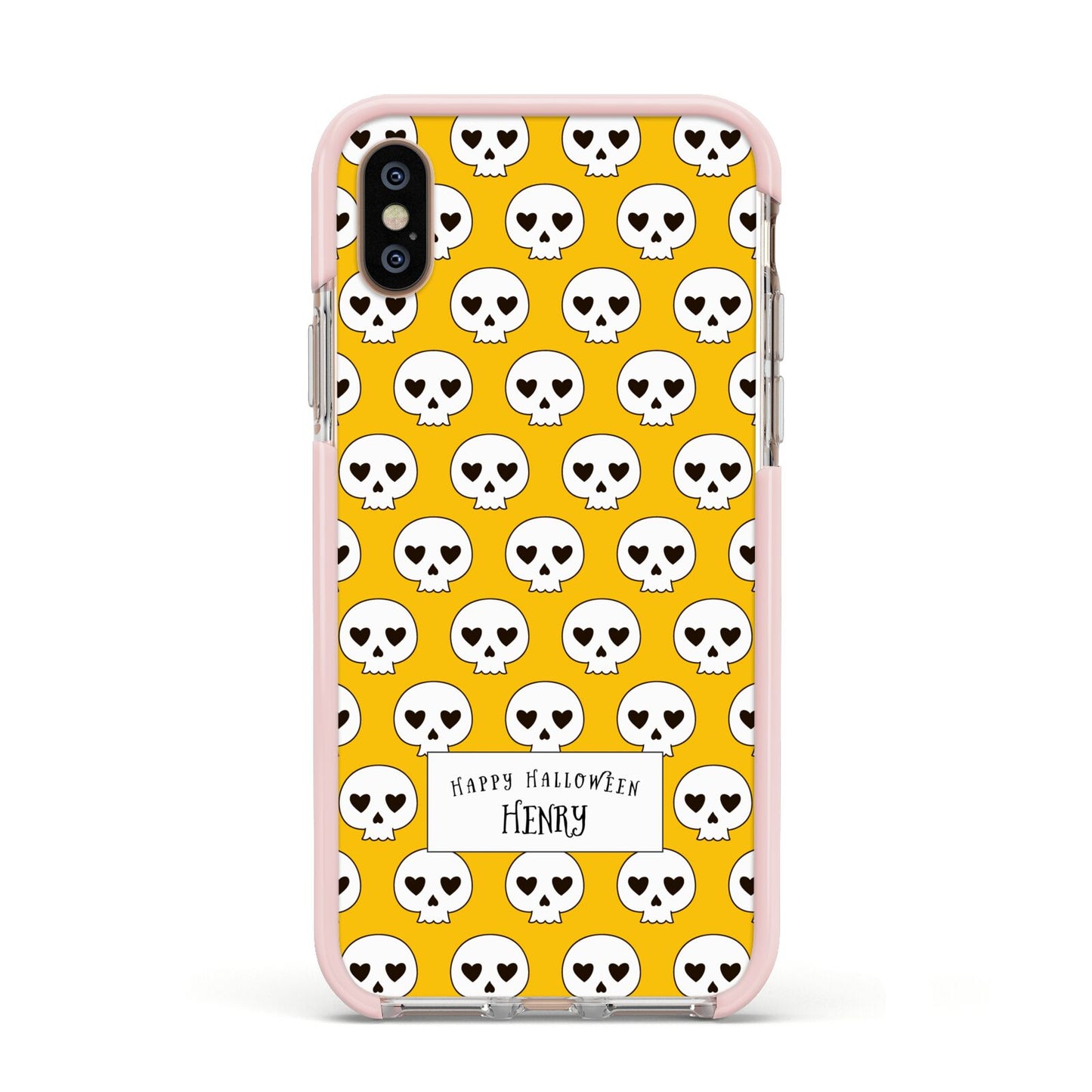 Personalised Halloween Heart Skulls Apple iPhone Xs Impact Case Pink Edge on Gold Phone