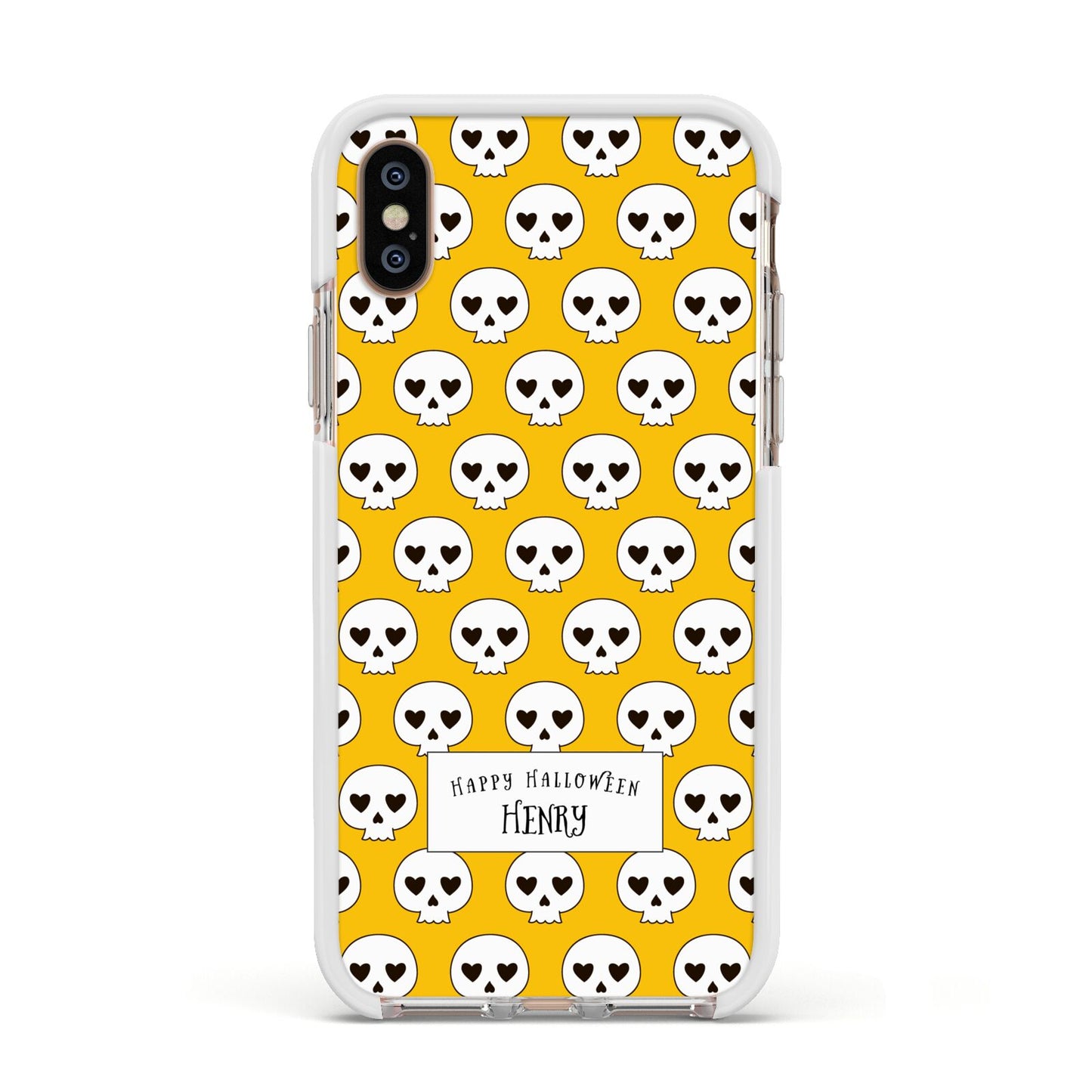 Personalised Halloween Heart Skulls Apple iPhone Xs Impact Case White Edge on Gold Phone