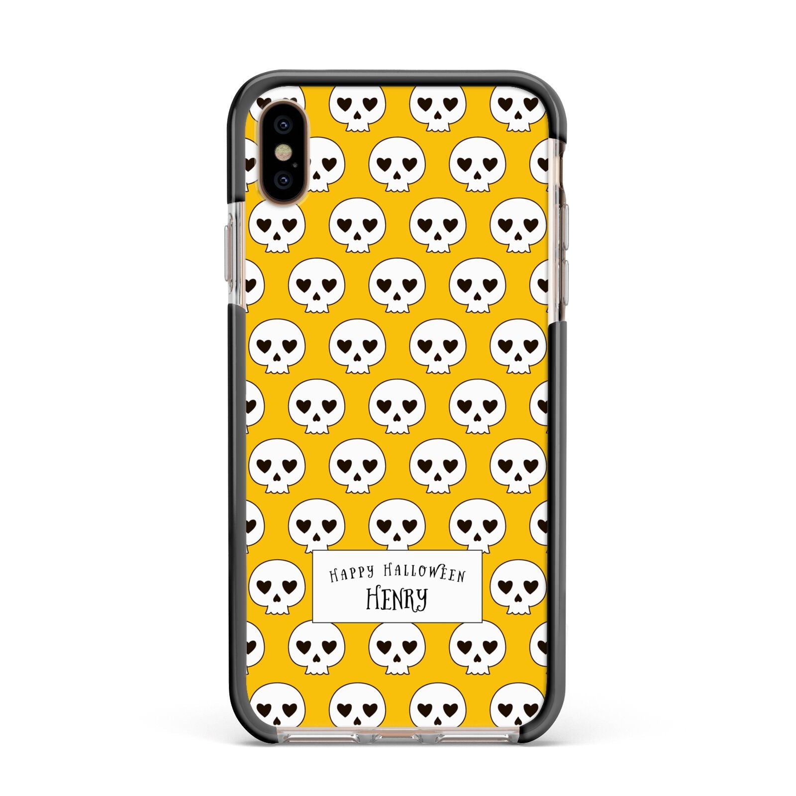 Personalised Halloween Heart Skulls Apple iPhone Xs Max Impact Case Black Edge on Gold Phone