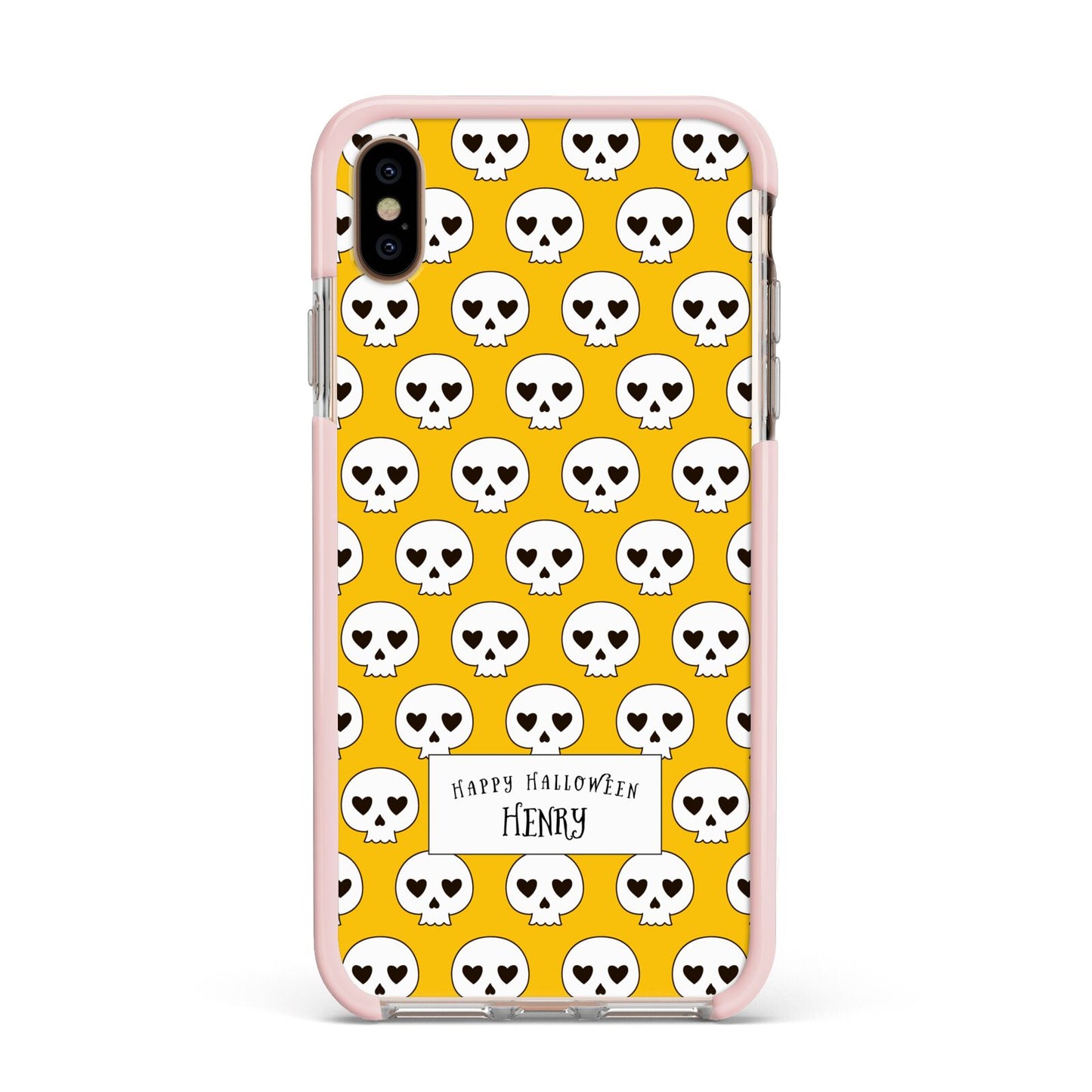 Personalised Halloween Heart Skulls Apple iPhone Xs Max Impact Case Pink Edge on Gold Phone